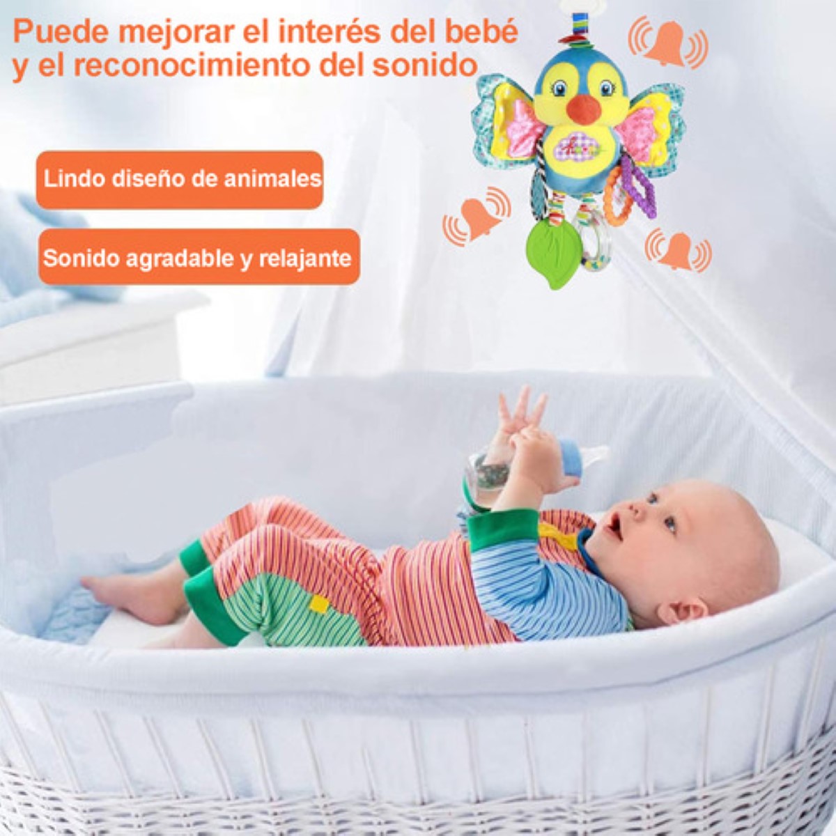 Juguete Peluche Sonaja Y Mordedera Bebé Para Carriola, Cuna Multicolor