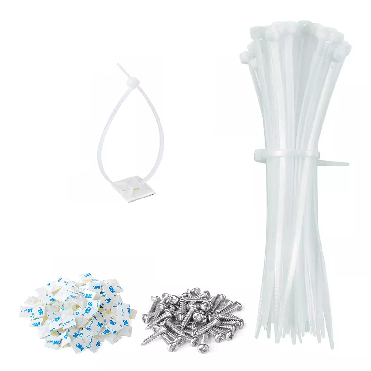 100 Pz Set Cinchos De Plastico, Bases Adhesibles Y Tornillos Blanco