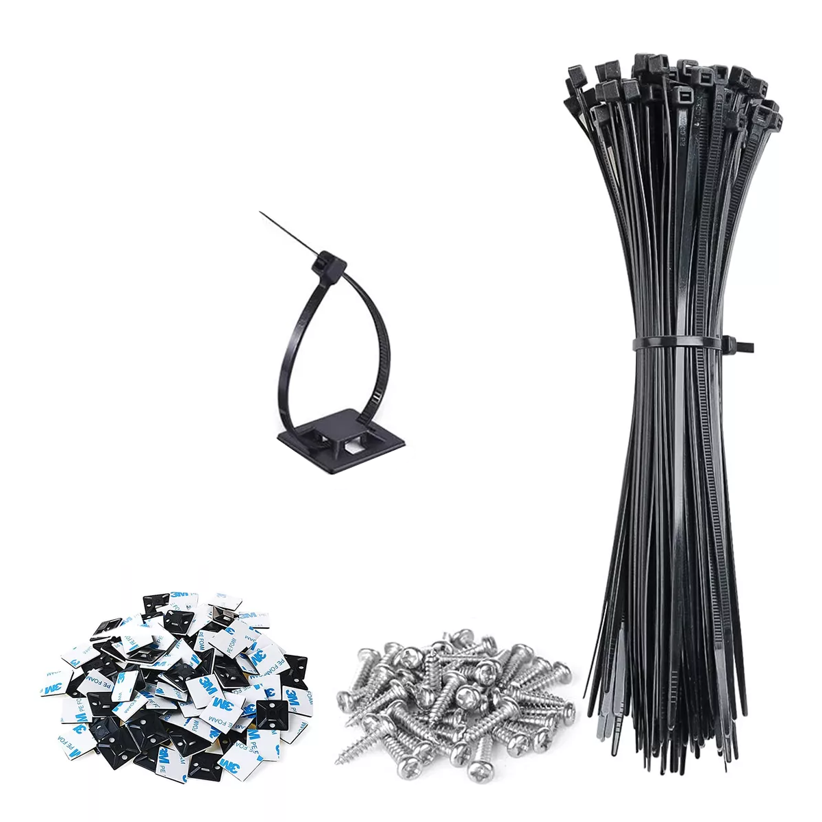 100 Pz Set Cinchos De Plastico, Bases Adhesibles Y Tornillos Negro