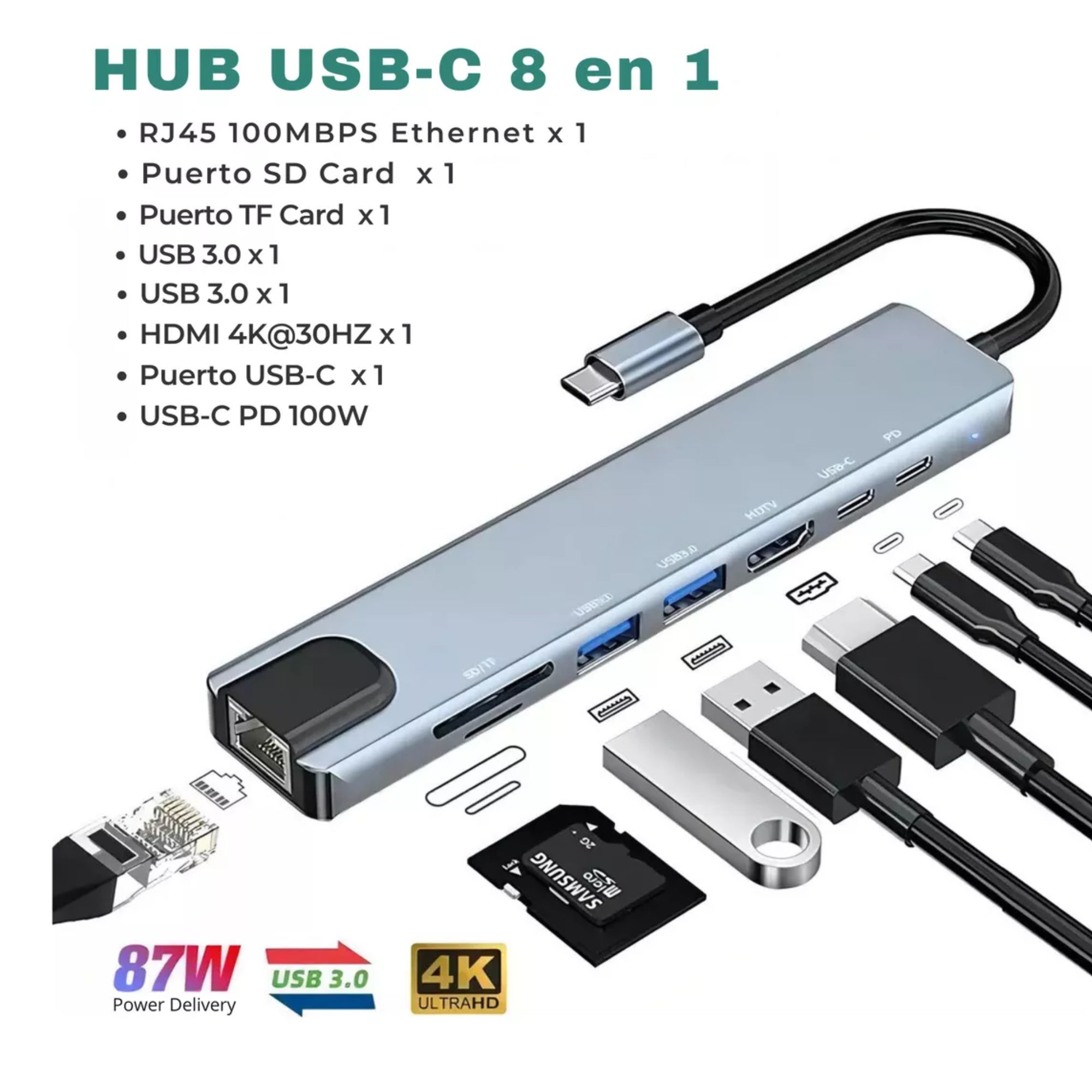 Hub Usb-c 8 En 1 Adaptadortipo C Ethernet Hdmi Usb Sd Rj45
