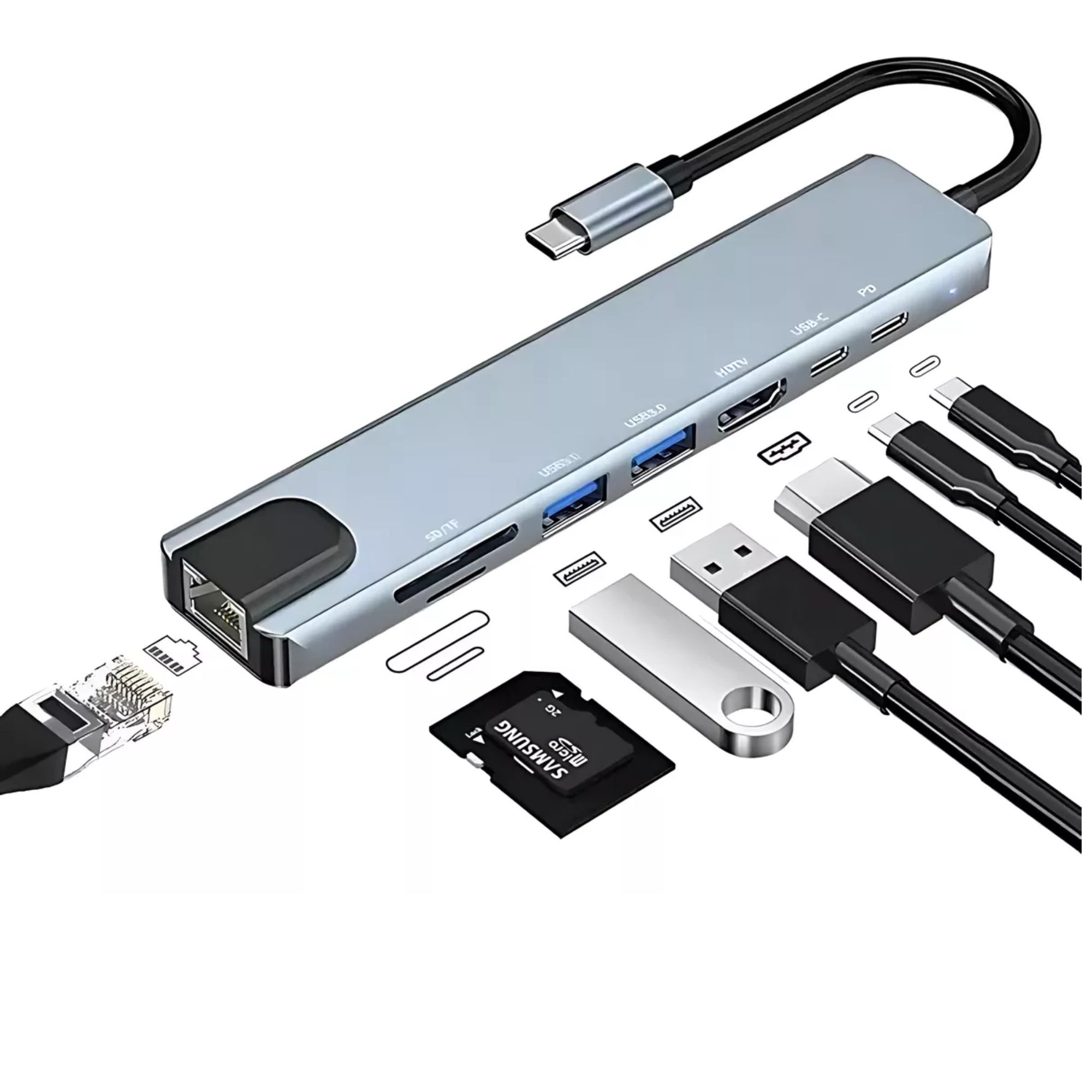 Hub Usb-c 8 En 1 Adaptadortipo C Ethernet Hdmi Usb Sd Rj45
