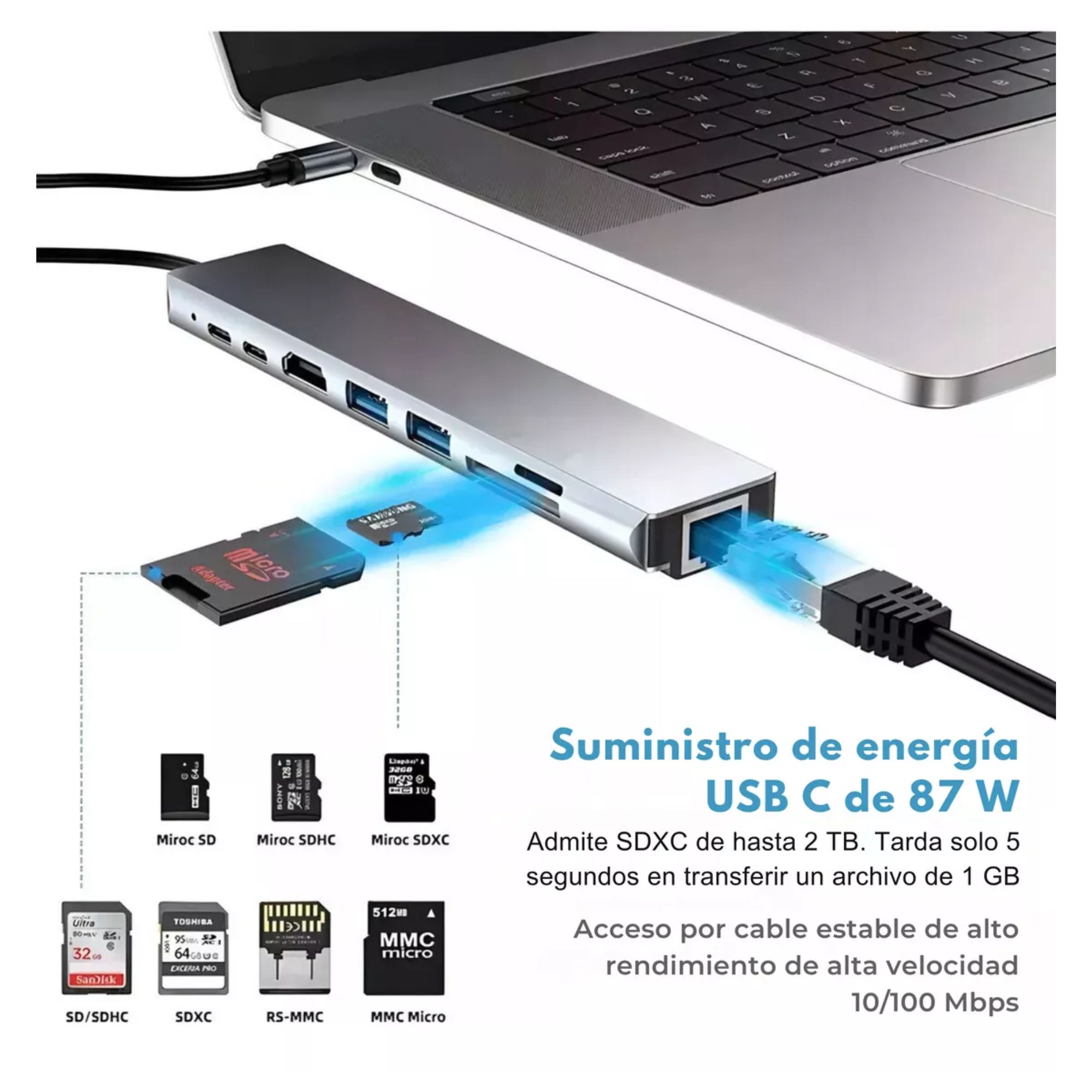 Hub Usb-c 8 En 1 Adaptadortipo C Ethernet Hdmi Usb Sd Rj45