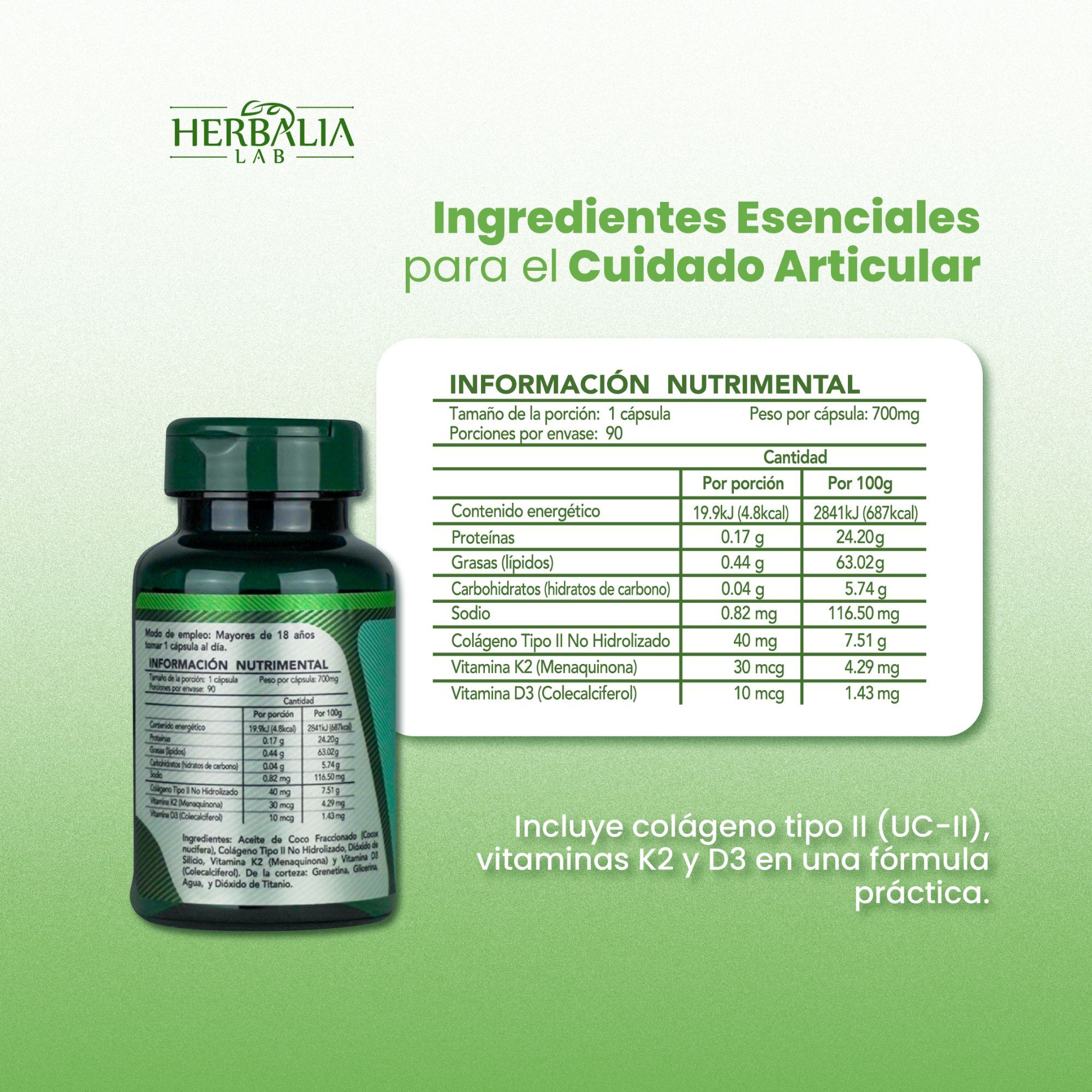 Herbalia Lab | Colágeno No Hidrolizado Tipo II con Vitamina K y D3, Nutrición Óptima + Apoyo Óseo - 90 Cápsulas