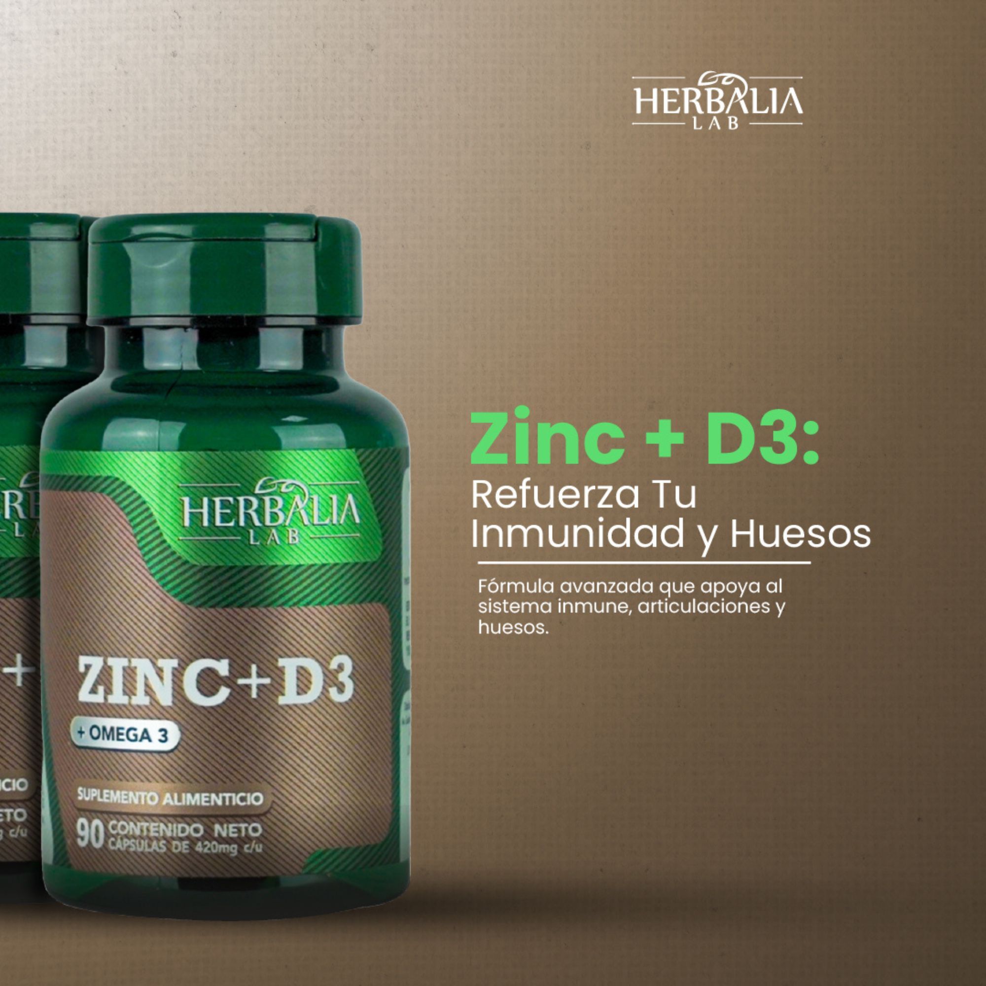 Herbalia Lab | Cápsulas de Zinc y Vitamina D3 Reforzadas con Omega 3 - 90 Cápsulas