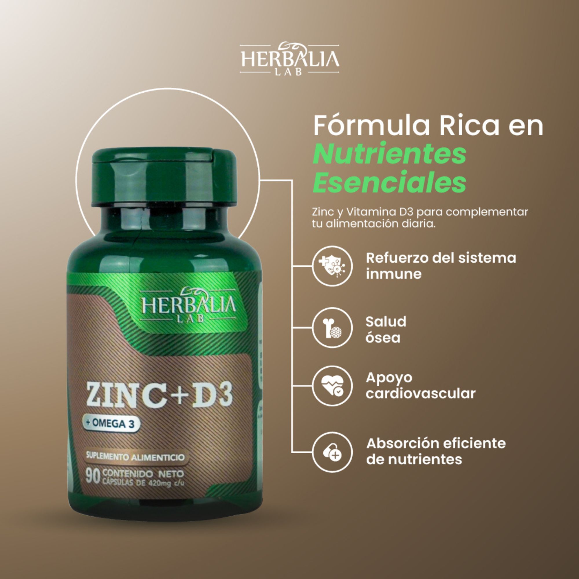 Herbalia Lab | Cápsulas de Zinc y Vitamina D3 Reforzadas con Omega 3 - 90 Cápsulas