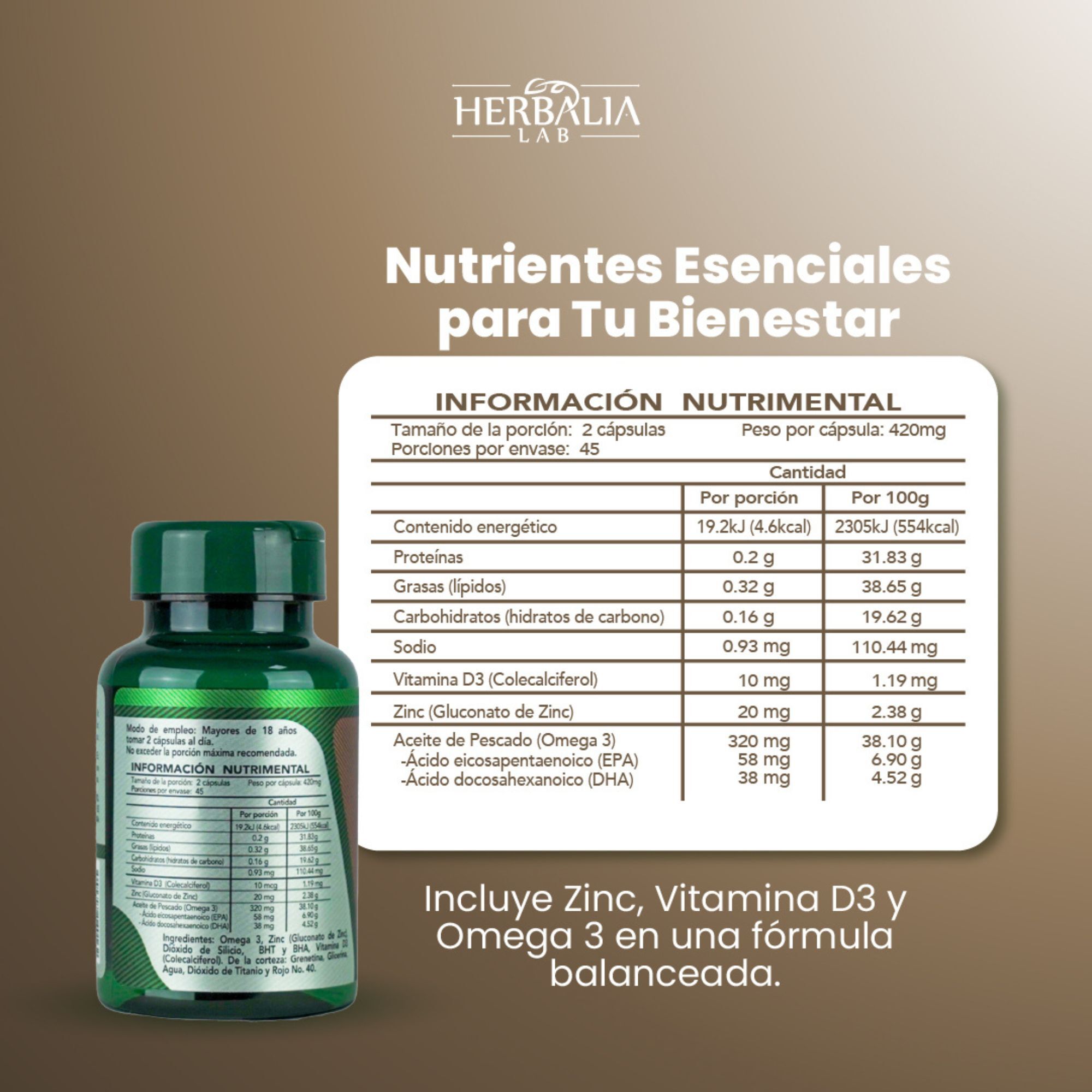 Herbalia Lab | Cápsulas de Zinc y Vitamina D3 Reforzadas con Omega 3 - 90 Cápsulas