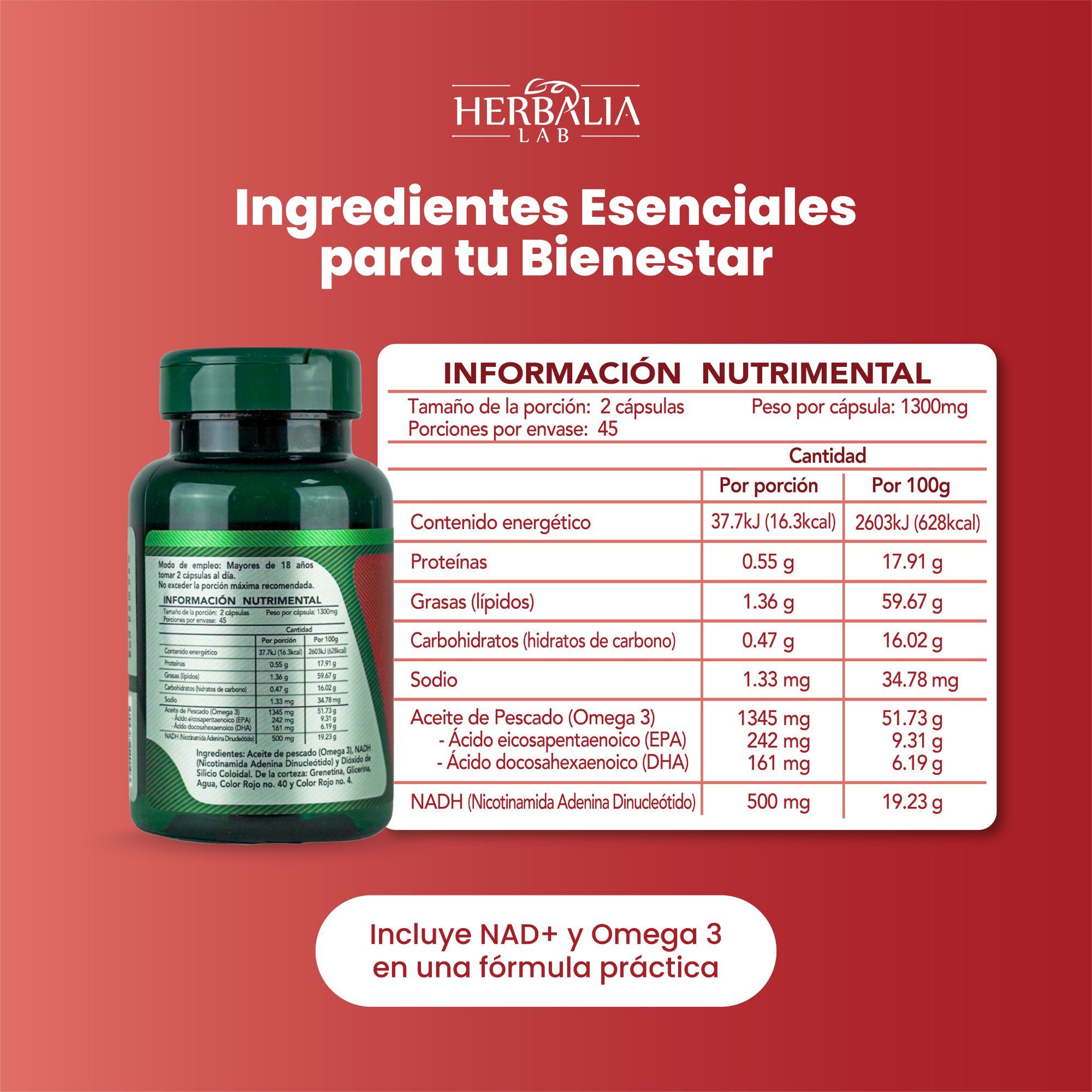 Herbalia Lab | NAD + Omega 3,  Fórmula Avanzada Longevity Boost - 90 Cápsulas