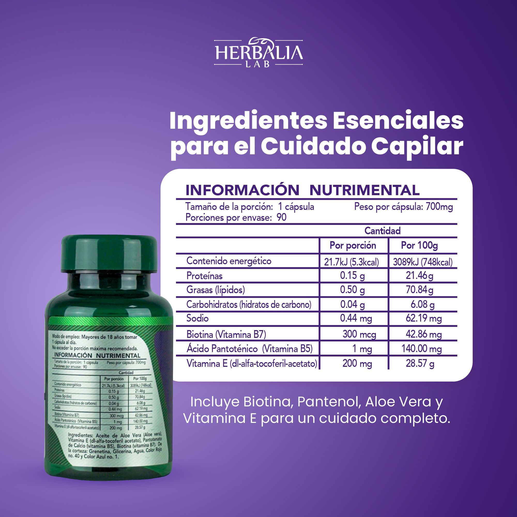 Herbalia Lab Vitaminas Hair Boost, Biotina + Pantenol con Aloe Vera y Vitamina E, Formula Premium