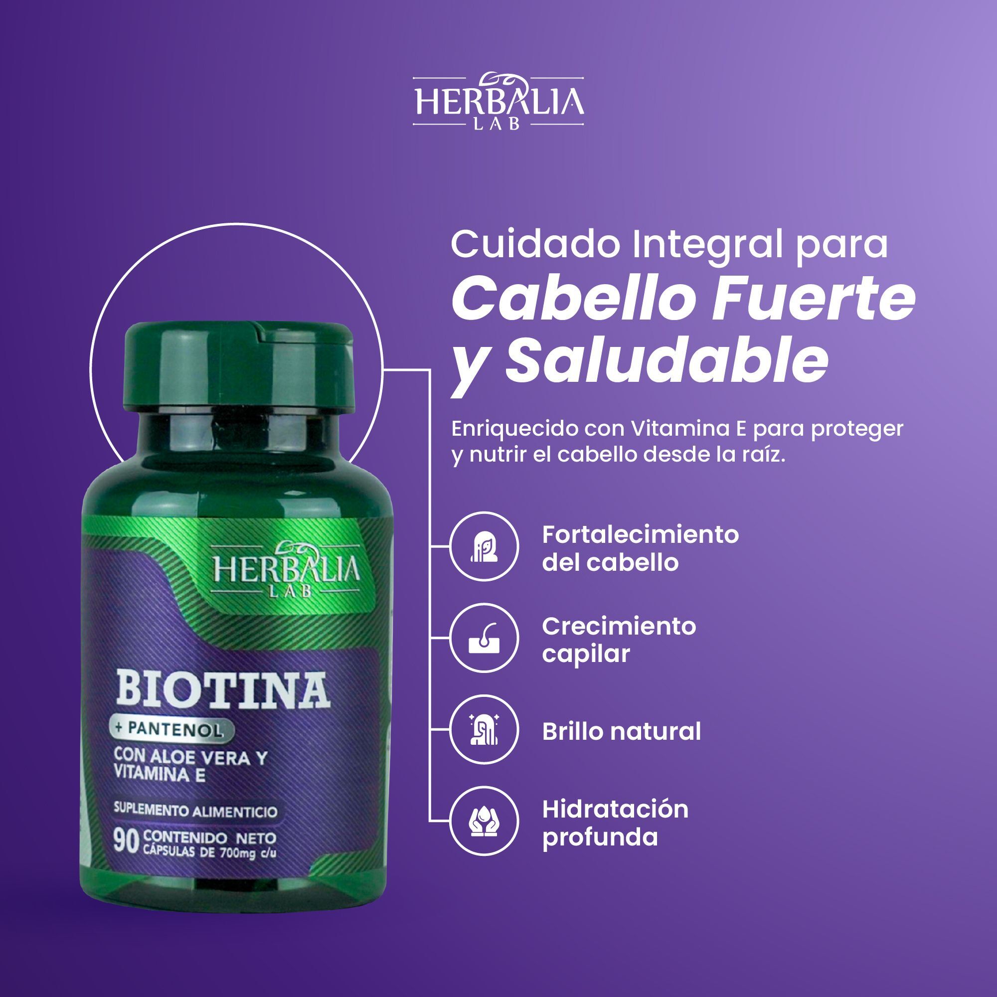 Herbalia Lab Vitaminas Hair Boost, Biotina + Pantenol con Aloe Vera y Vitamina E, Formula Premium
