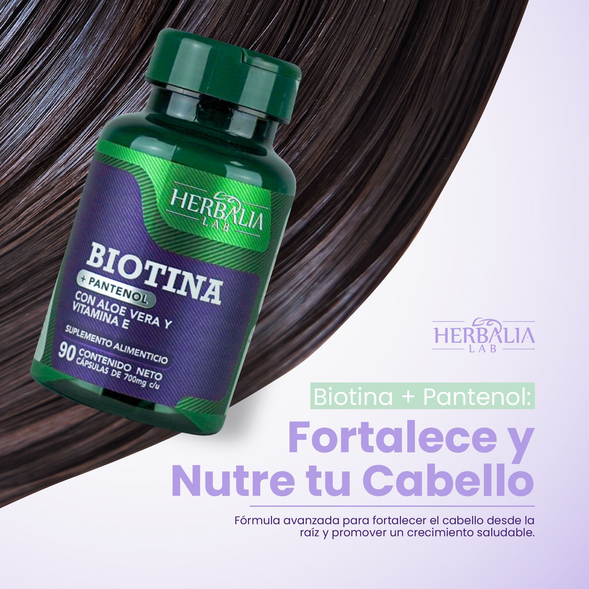 Herbalia Lab Vitaminas Hair Boost, Biotina + Pantenol con Aloe Vera y Vitamina E, Formula Premium