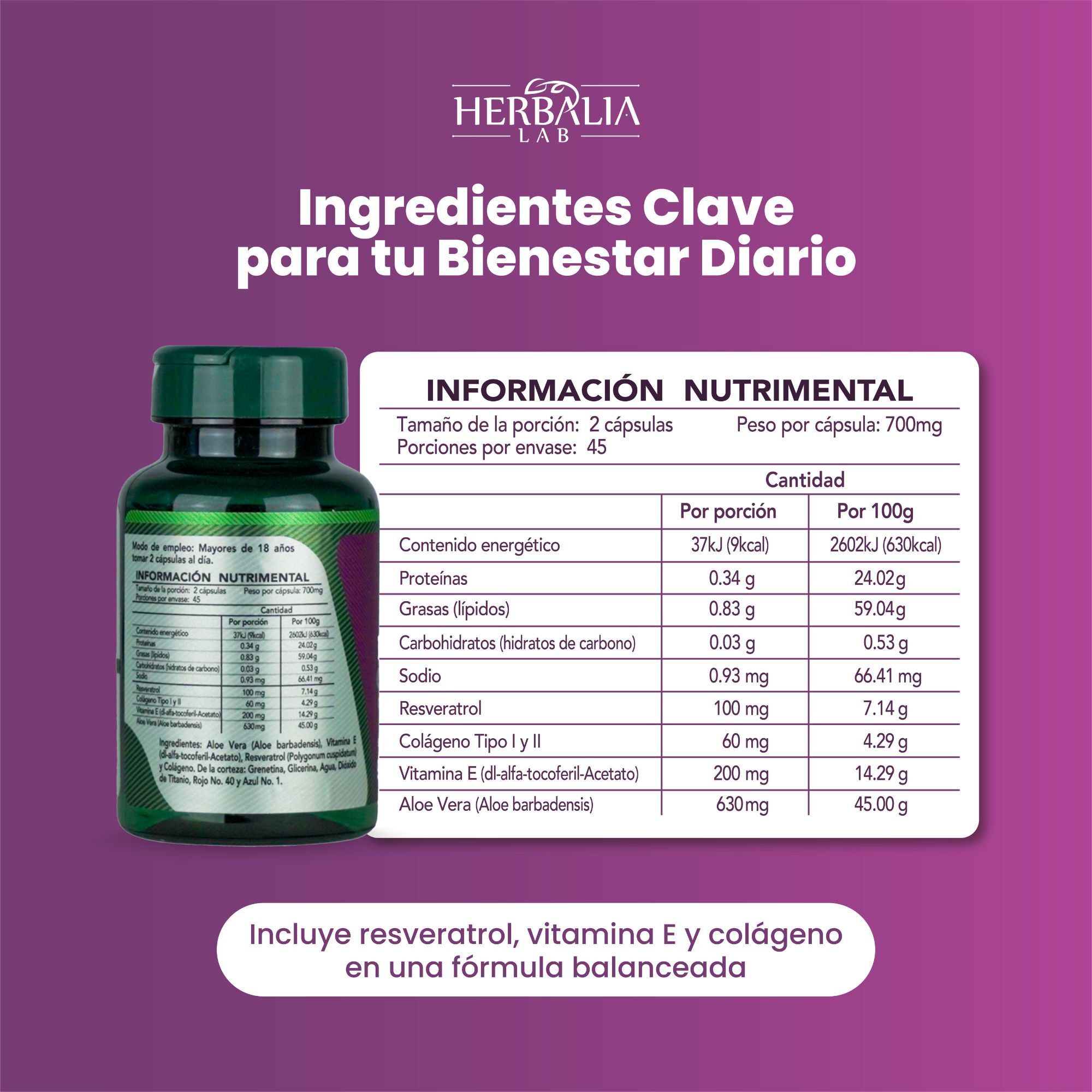 Herbalia Lab | Resveratrol 500mg con Vitamina E y Colágeno, Antioxidante Superior para Salud y Piel - 90 Cápsulas