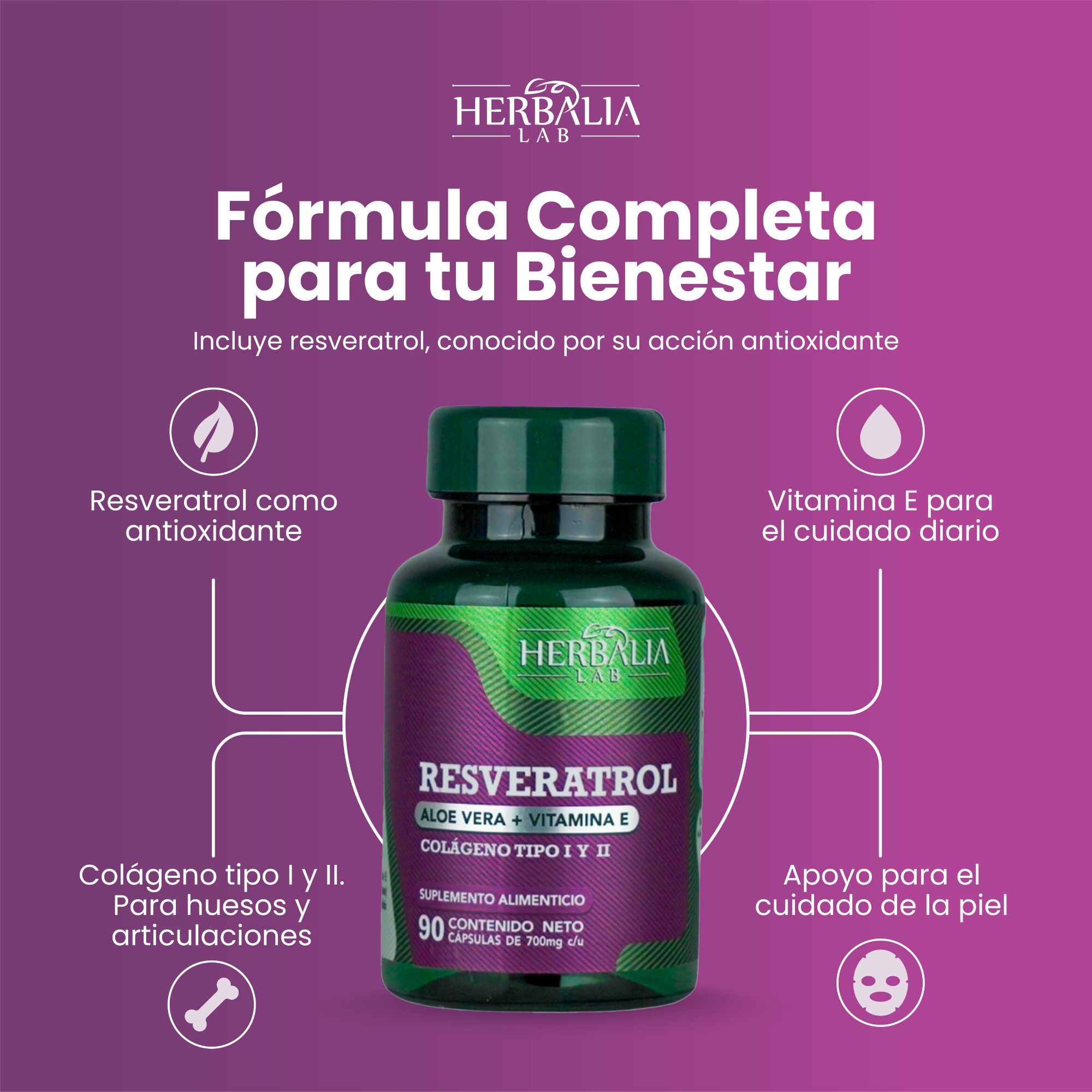 Herbalia Lab | Resveratrol 500mg con Vitamina E y Colágeno, Antioxidante Superior para Salud y Piel - 90 Cápsulas