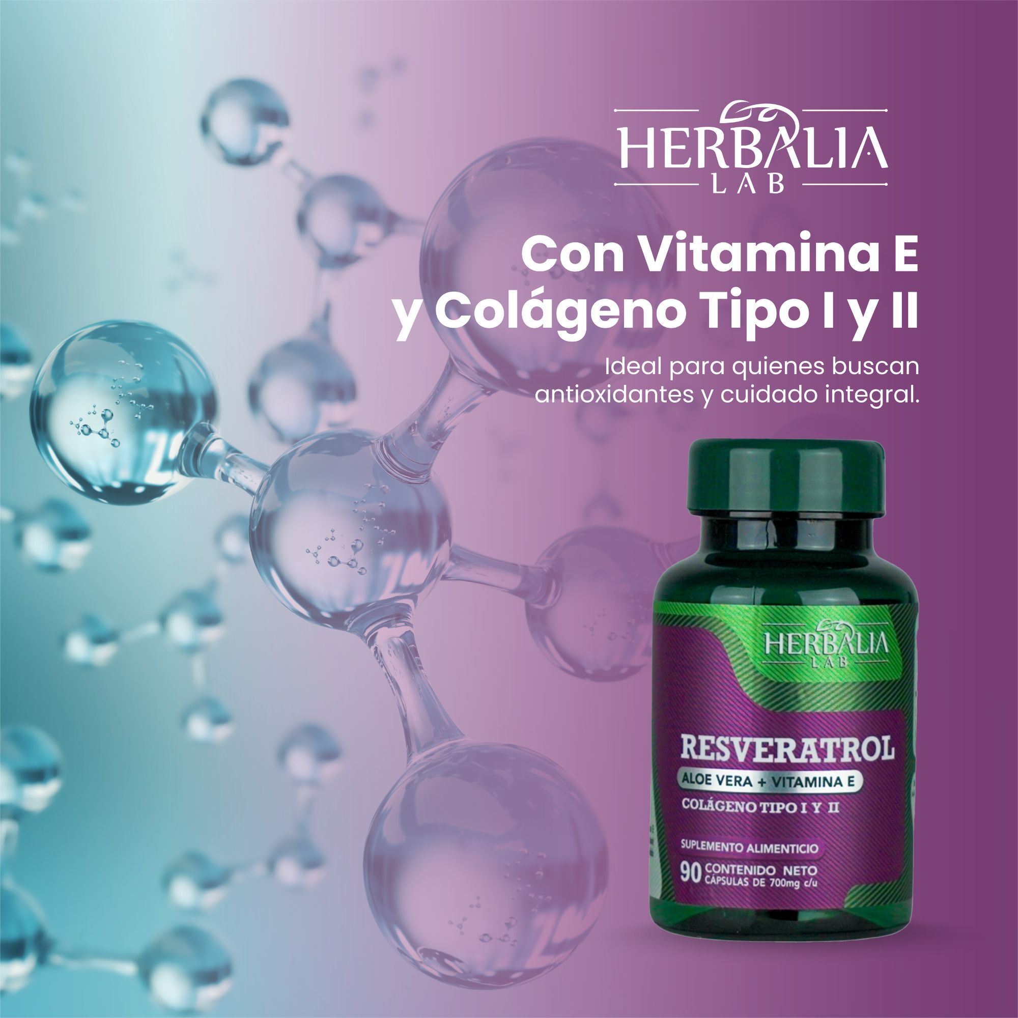 Herbalia Lab | Resveratrol 500mg con Vitamina E y Colágeno, Antioxidante Superior para Salud y Piel - 90 Cápsulas