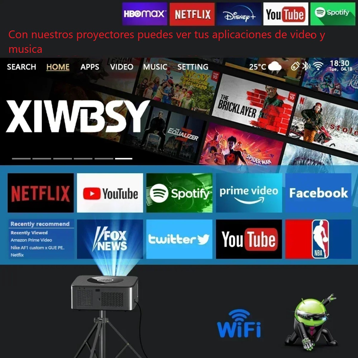 Proyector 25000 lúmenes Android 4K LED WiFi6 Bluetooth Video Cine casa video música touch Android