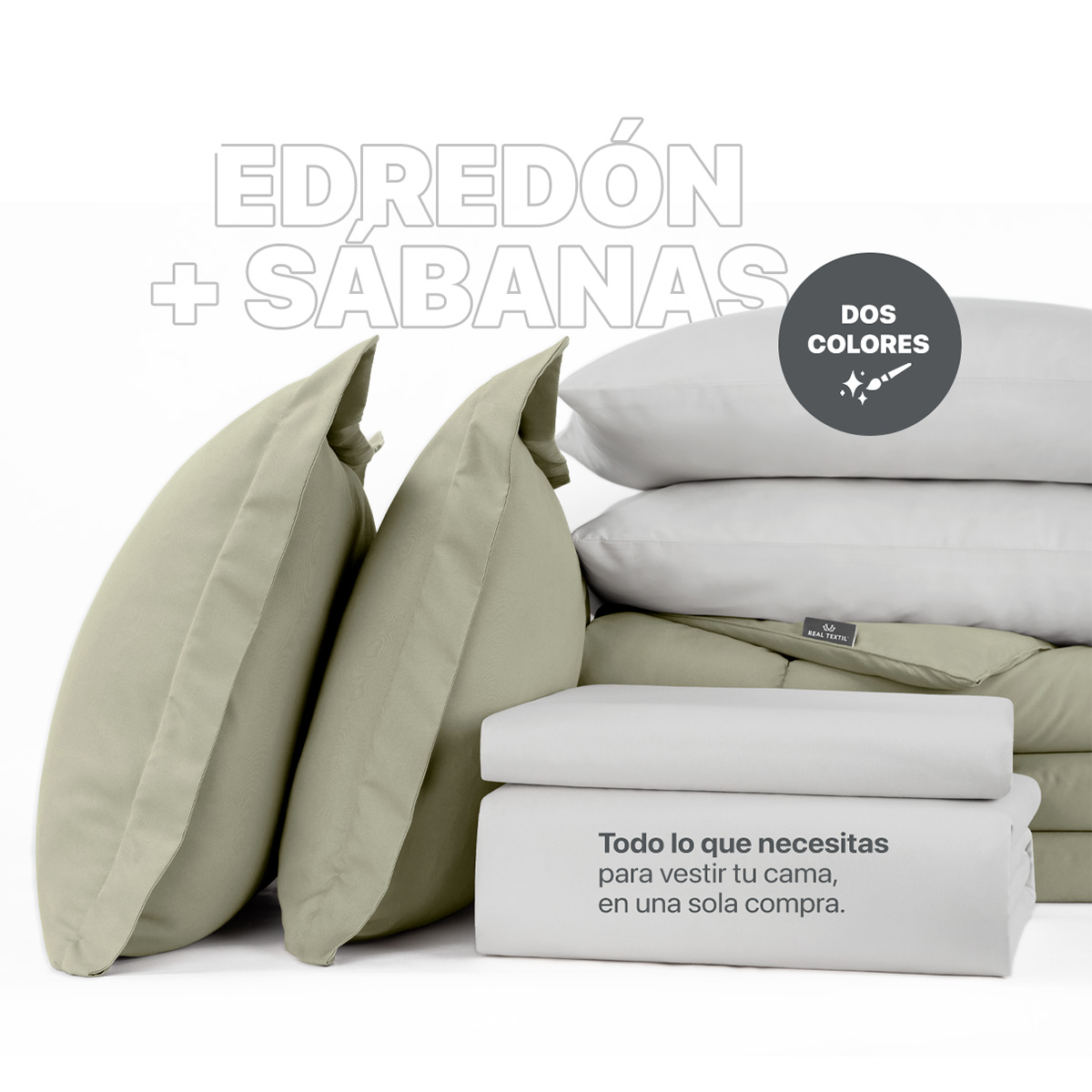 Set Edredón Matrimonial con Fundas y Sábanas 7 Pzas Verde / Gris Real Textil.