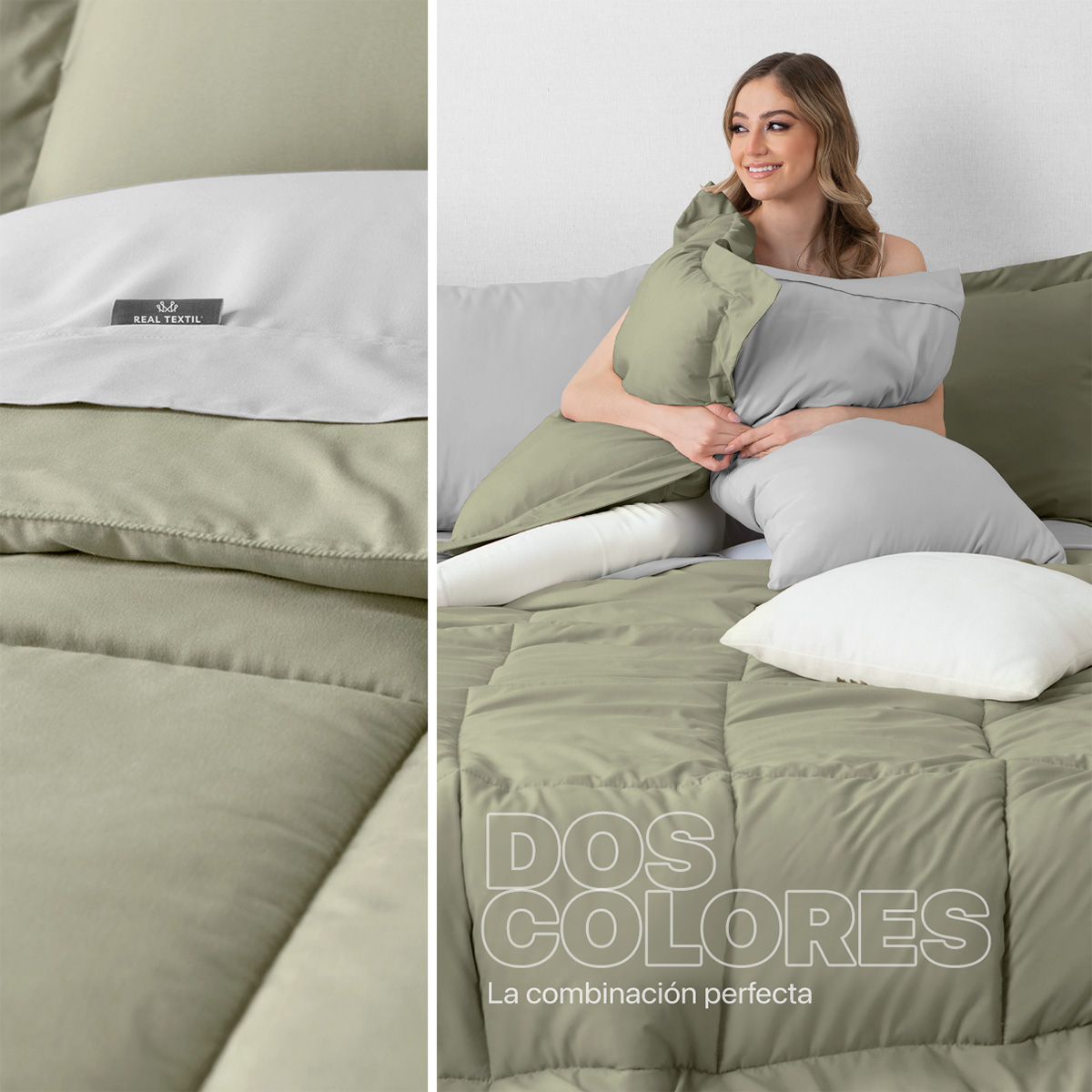 Set Edredón Matrimonial con Fundas y Sábanas 7 Pzas Verde / Gris Real Textil.