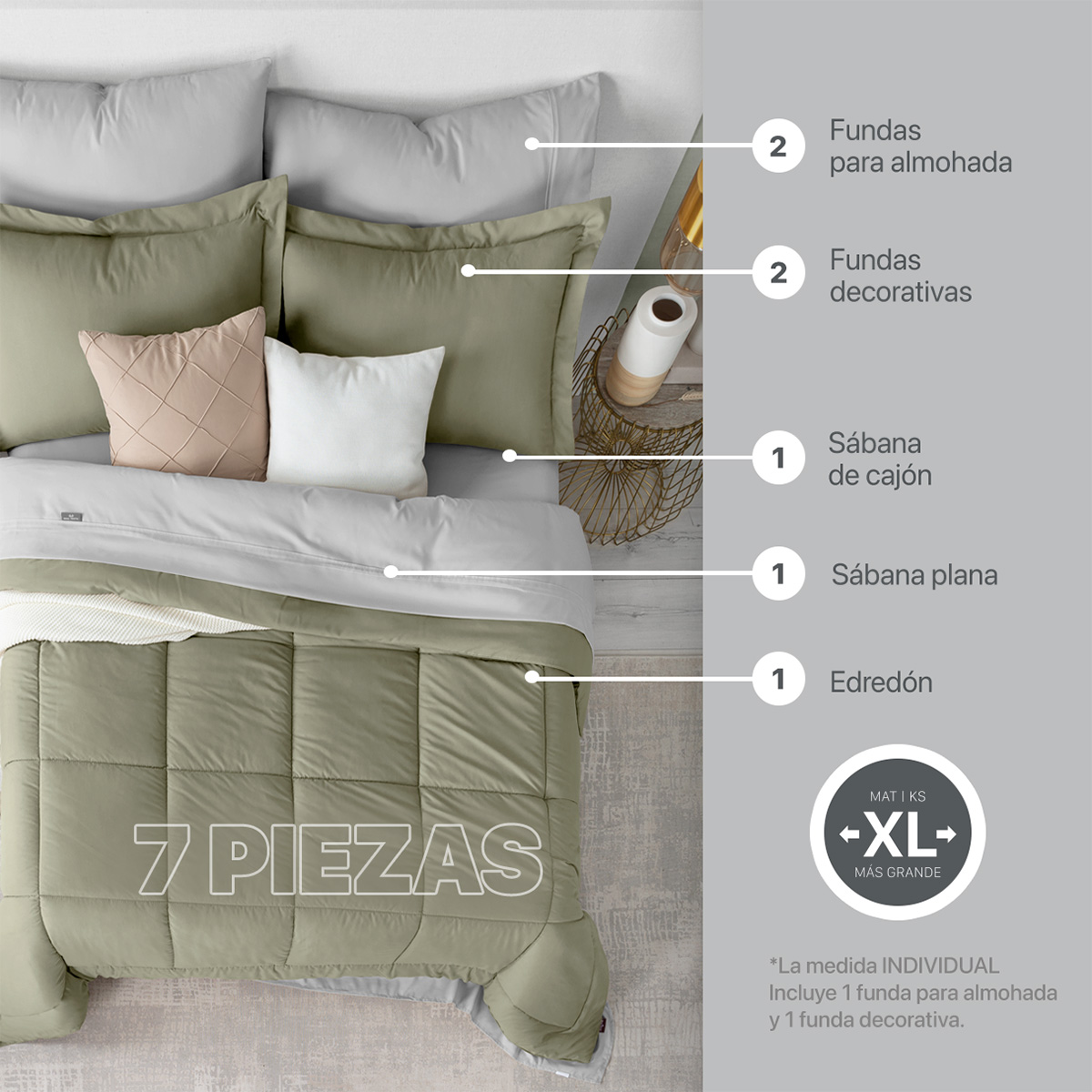 Set Edredón Matrimonial con Fundas y Sábanas 7 Pzas Verde / Gris Real Textil.