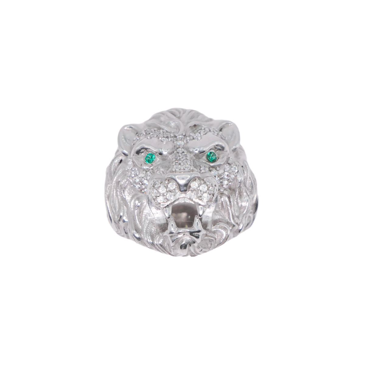 Anillo león plata .925 rodio blanco piedra zirconia verde