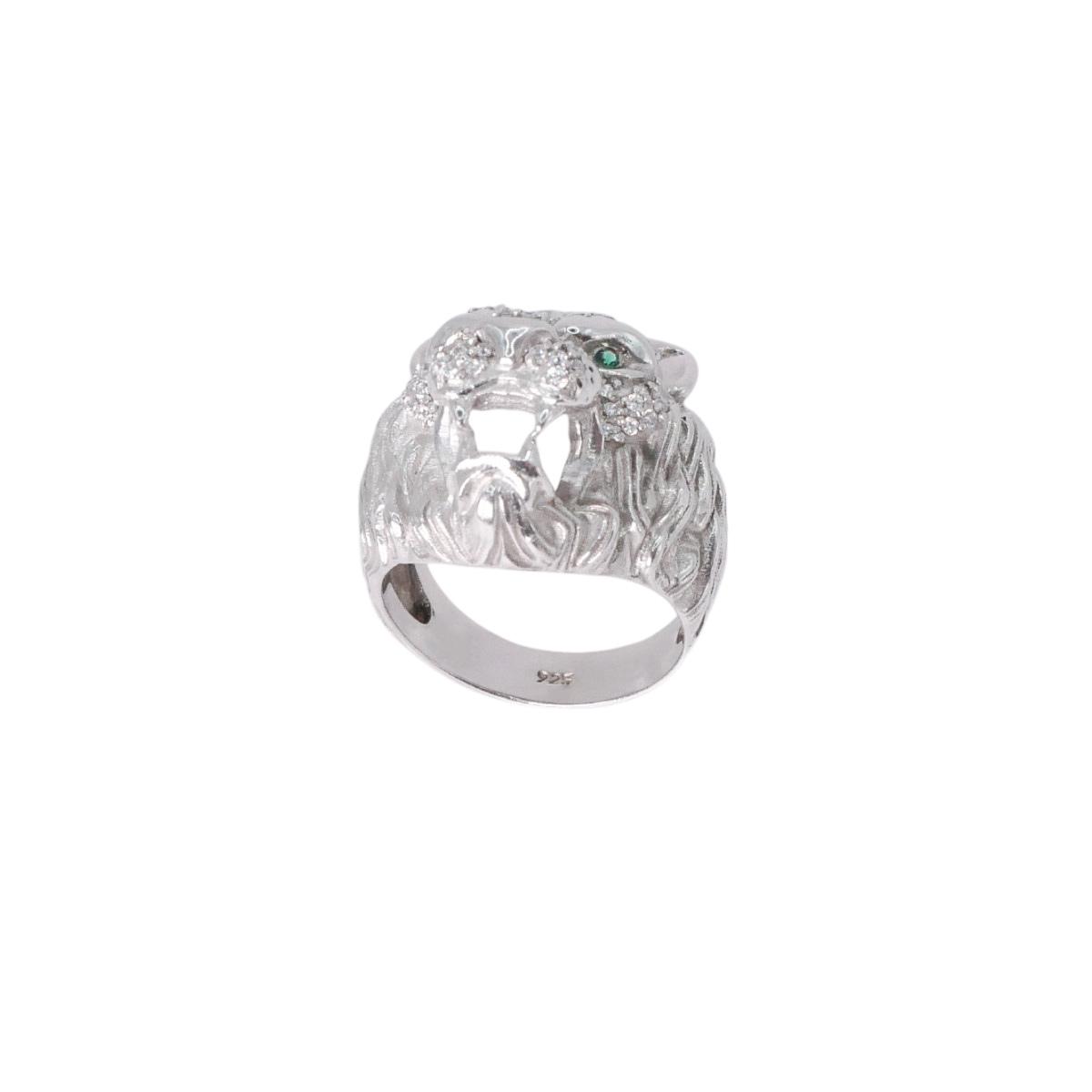 Anillo león plata .925 rodio blanco piedra zirconia verde