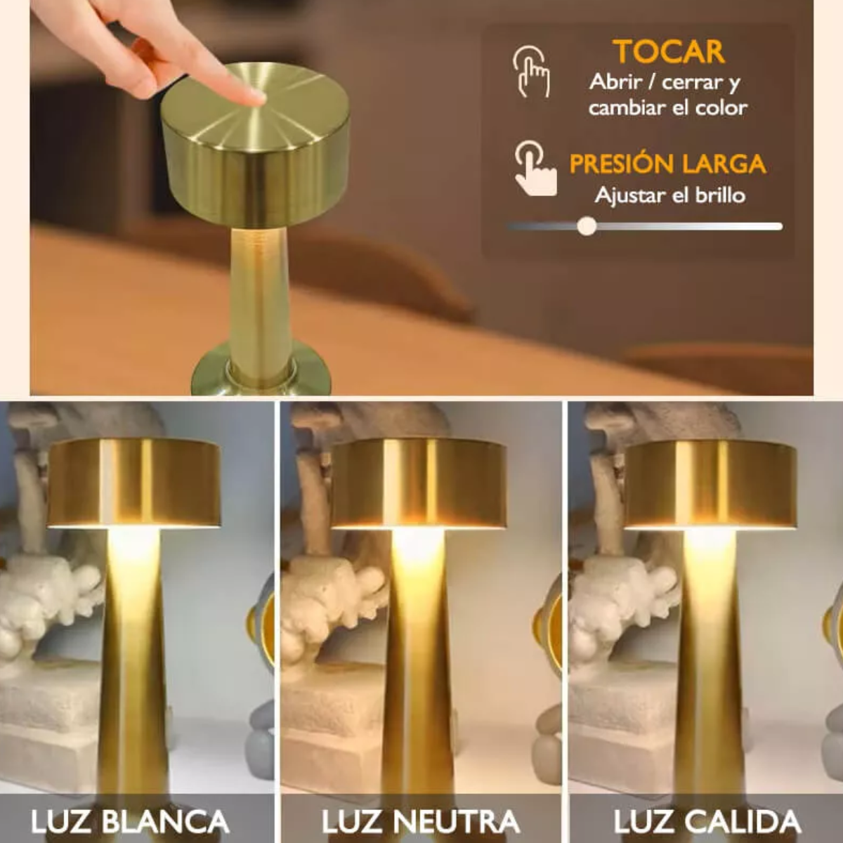 Lámpara Mesa Decoración Moderno Recargable Luz Led  Dorado Mancuernas