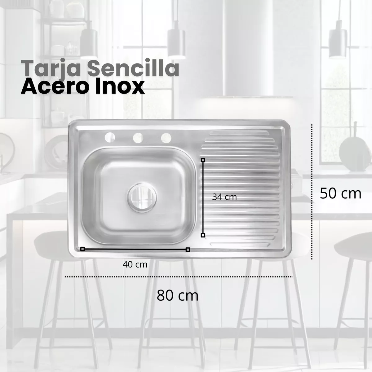 Tarja Sencilla con Ecurridero Derecho Empotrable Acero Inox. Satinado 80x50 Cm