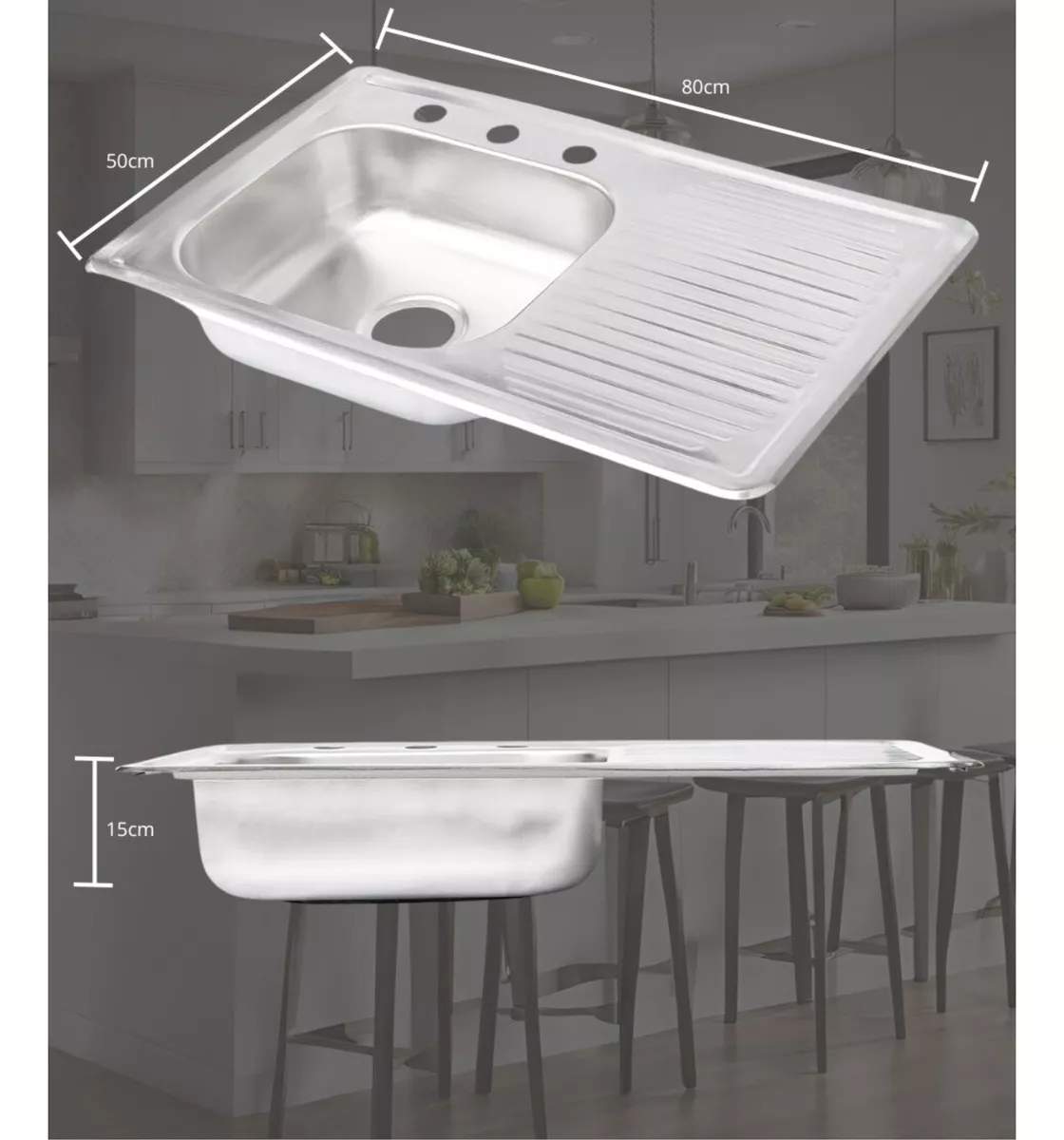 Tarja Sencilla con Ecurridero Derecho Empotrable Acero Inox. Satinado 80x50 Cm