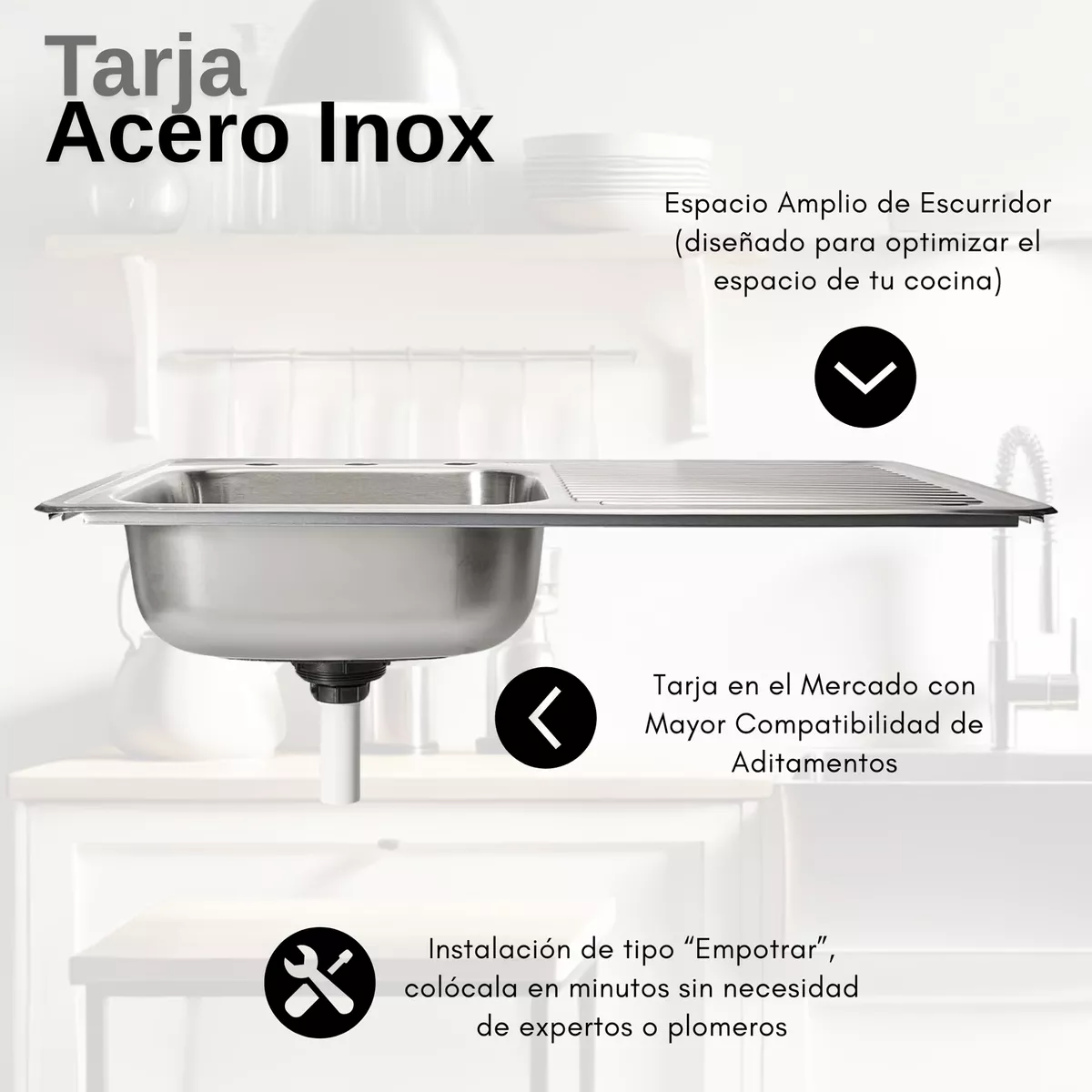 Tarja Sencilla con Ecurridero Derecho Empotrable Acero Inox. Satinado 80x50 Cm