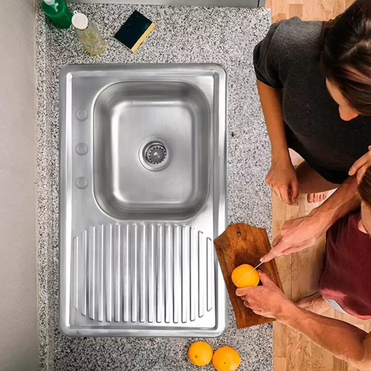 Tarja Sencilla con Escurridor Izquierdo, Empotrable Acero Inox. 80x50 Cm Incl. Monomando y kit Instalación