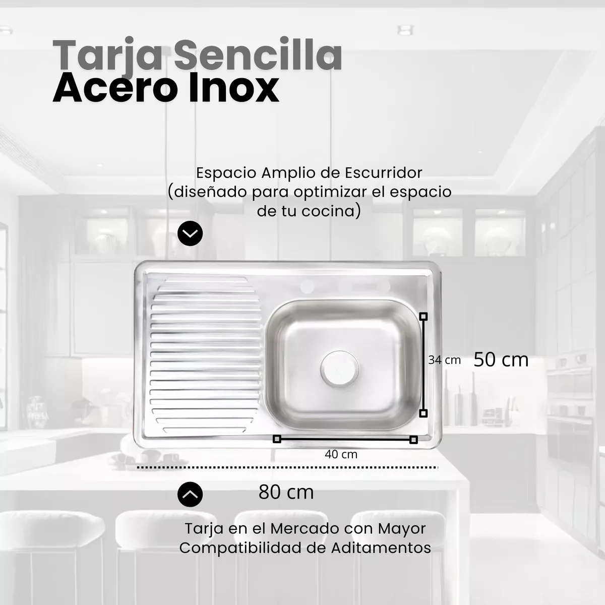 Tarja Sencilla con Escurridor Izquierdo, Empotrable Acero Inox. 80x50 Cm Incl. Monomando y kit Instalación