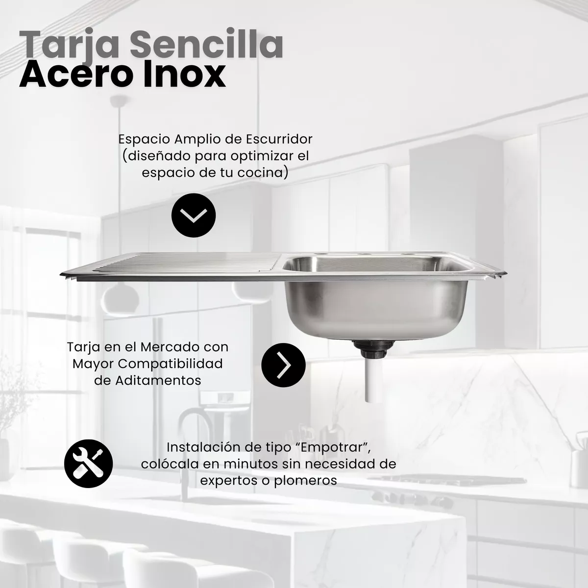 Tarja Sencilla con Escurridor Izquierdo, Empotrable Acero Inox. 80x50 Cm Incl. Monomando y kit Instalación
