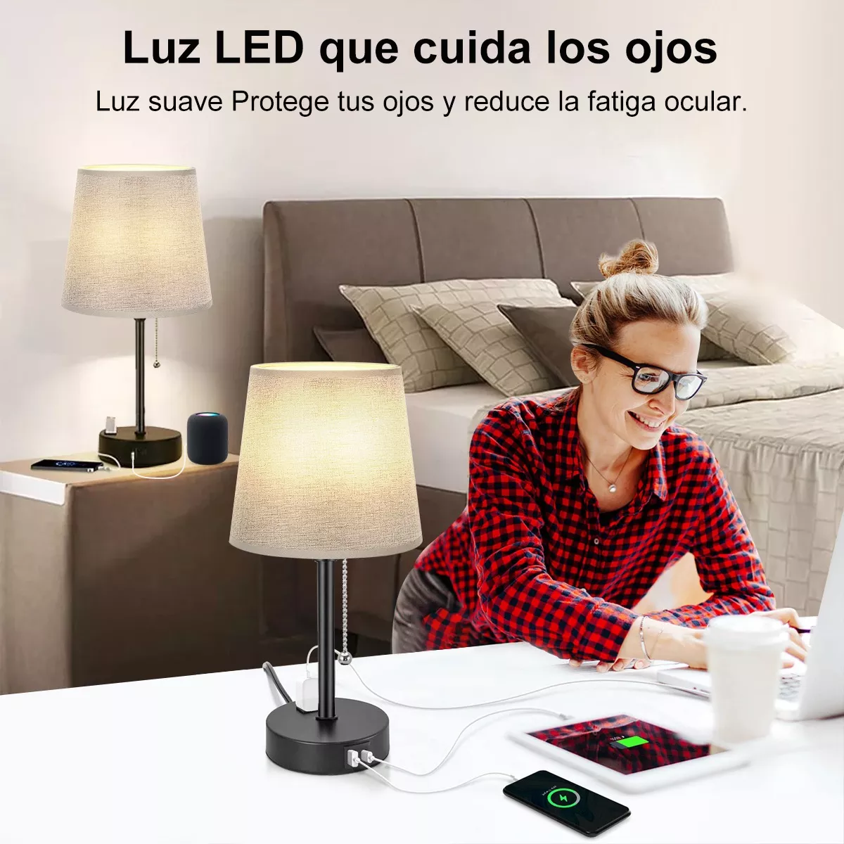 Lampara Escritorio Buró Mesa Luz De Noche Led 2pcs Con Focos