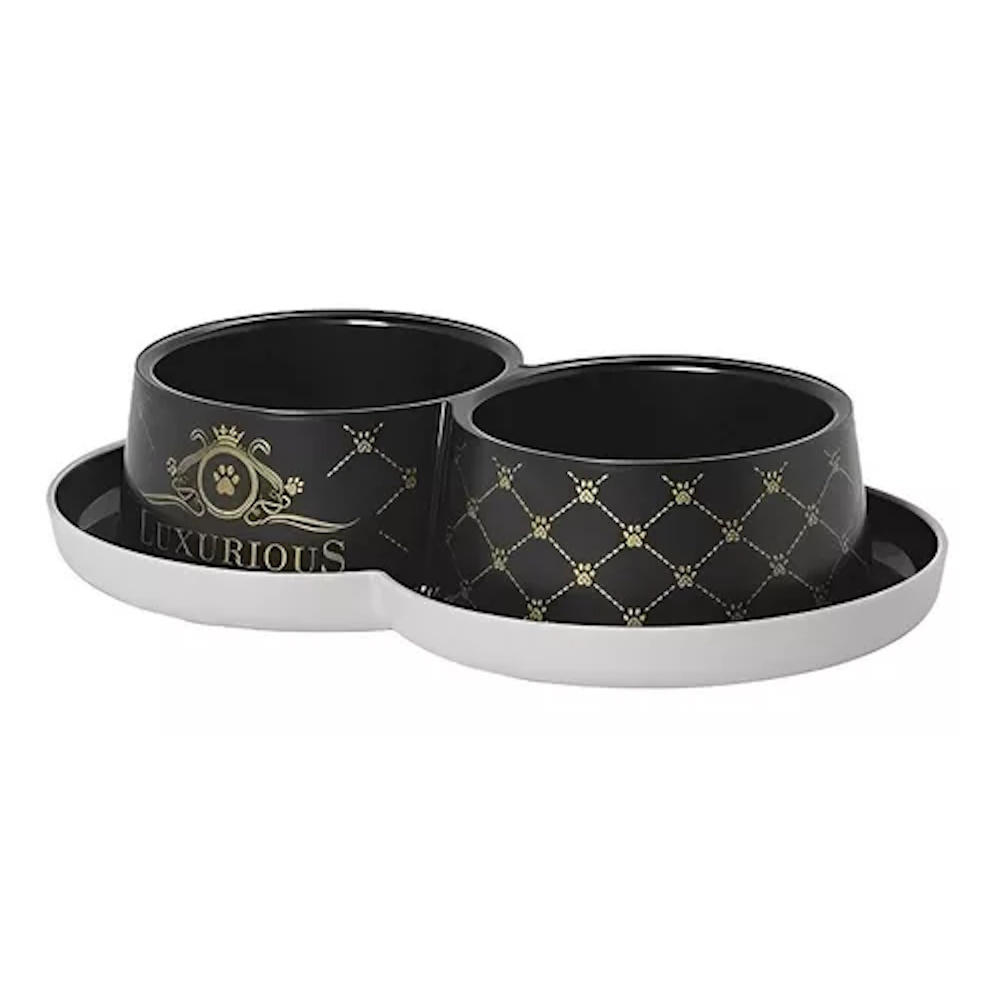 Plato Perro 2x350ml Gato Doble Anti-hormiga Luxury Negro