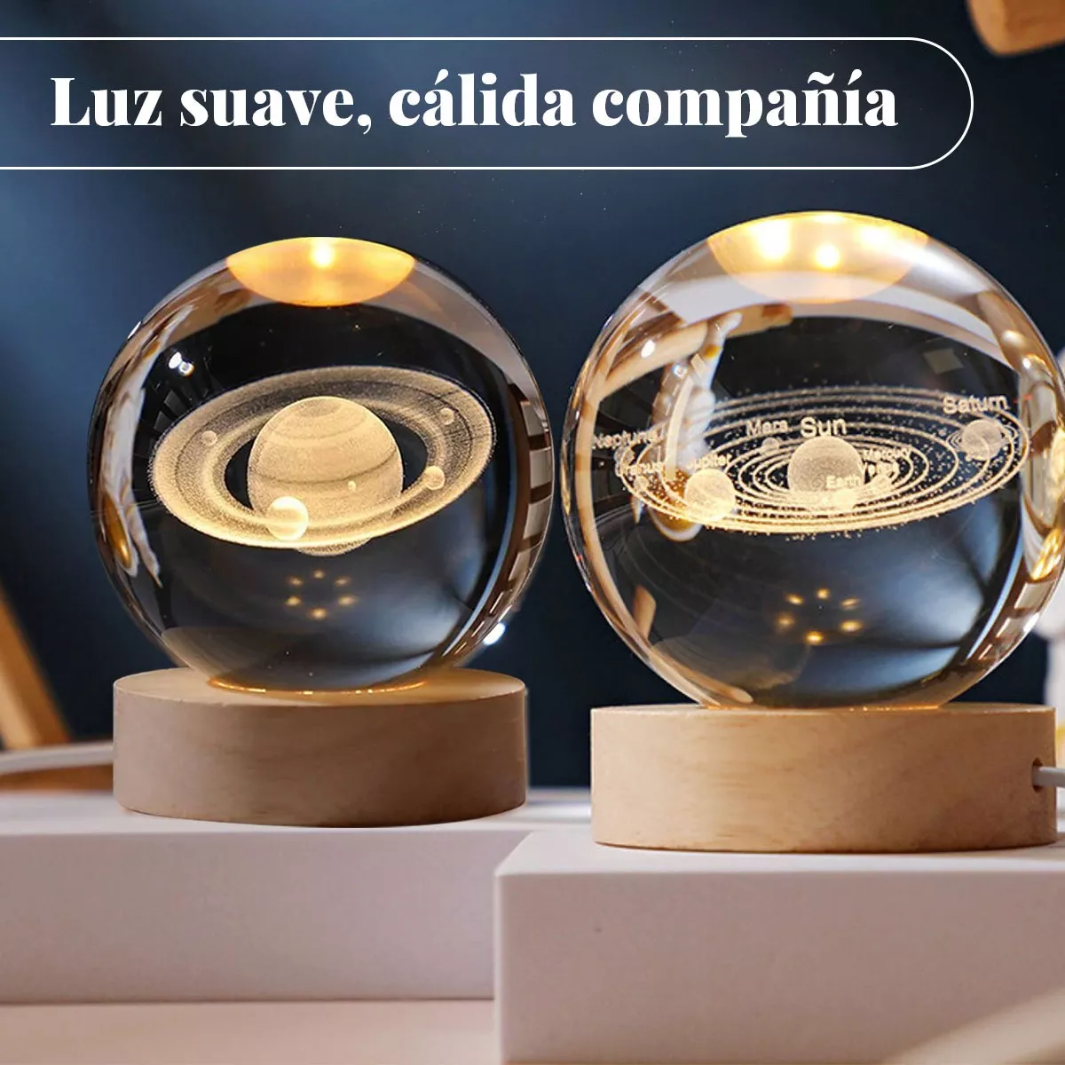 2pcs Led Luz De Noche 3d Luna Saturno Bola De Cristal Luna y Sistema Solar