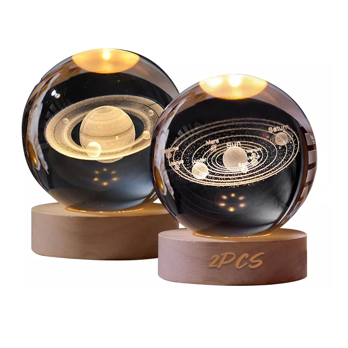 2pcs Led Luz De Noche 3d Luna Saturno Bola De Cristal Luna y Sistema Solar