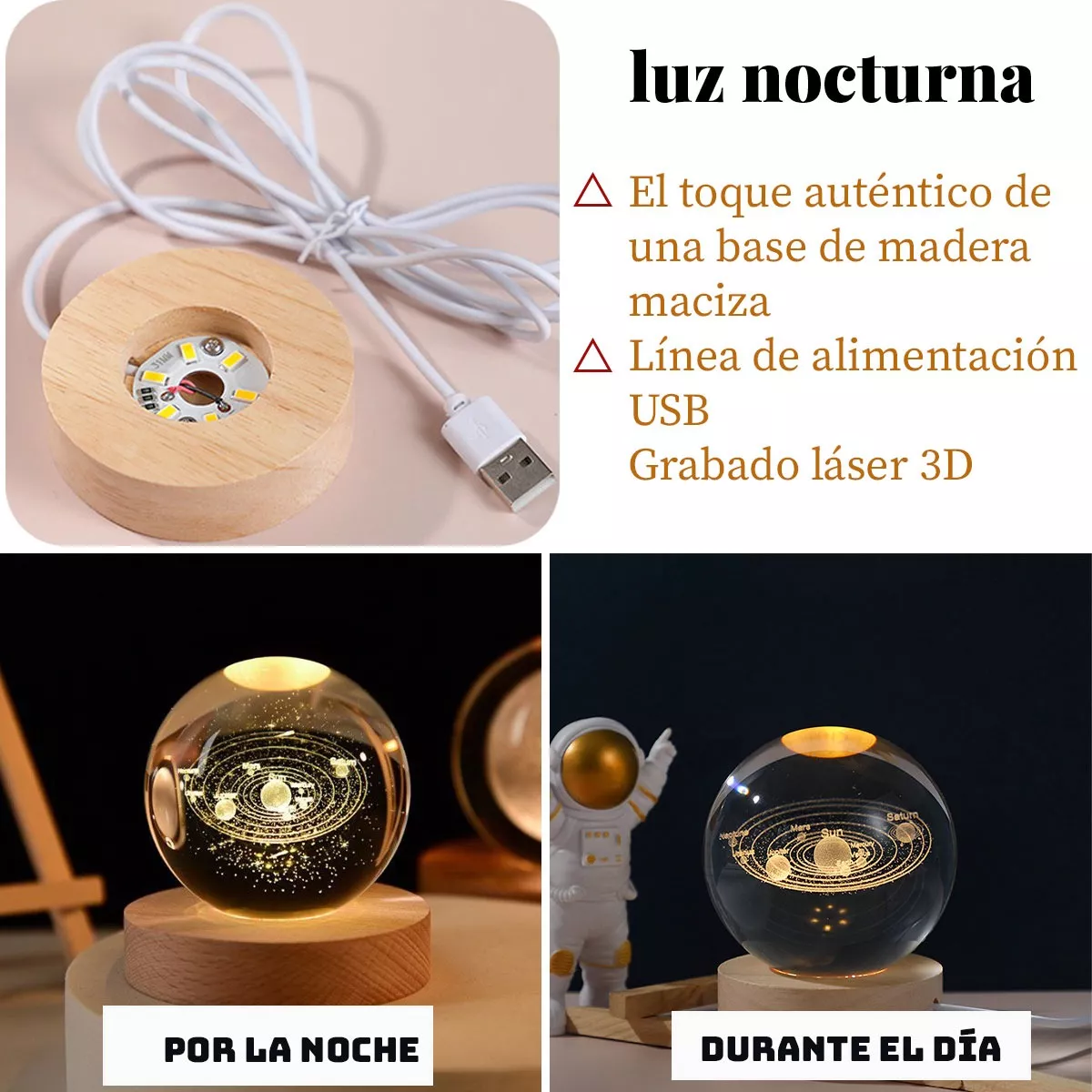 2pcs Led Luz De Noche 3d Luna Saturno Bola De Cristal Luna y Sistema Solar