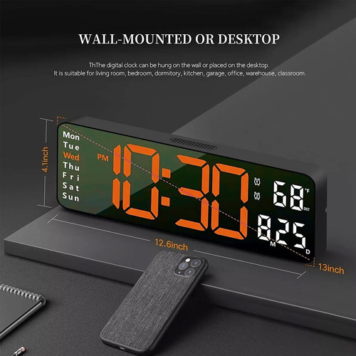 Reloj De Pared Digital Led Con Termómetro, Fecha,alarma,13in