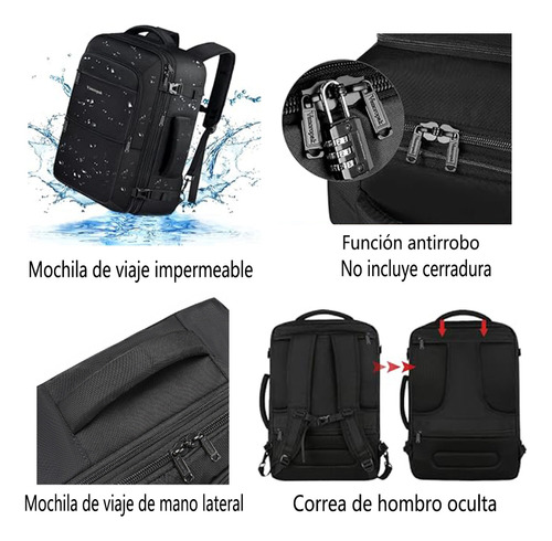 Mochila De Viaje Expandible Vancropak 40L Gran Capacidad Mochilas Hombre Viaje Aprobado Por Avión 10kg Antirrobo Impermeable Color Negra