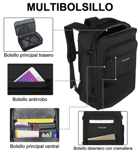 Mochila De Viaje Expandible Vancropak 40L Gran Capacidad Mochilas Hombre Viaje Aprobado Por Avión 10kg Antirrobo Impermeable Color Negra