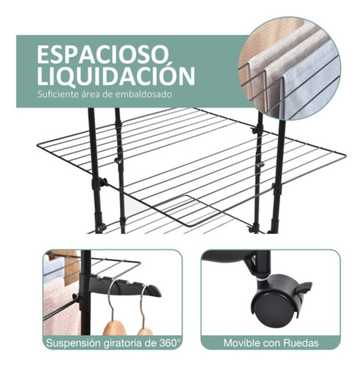 Tendedero Plegable Ropa 3 Niveles Portátil Metal Con Ruedas negro