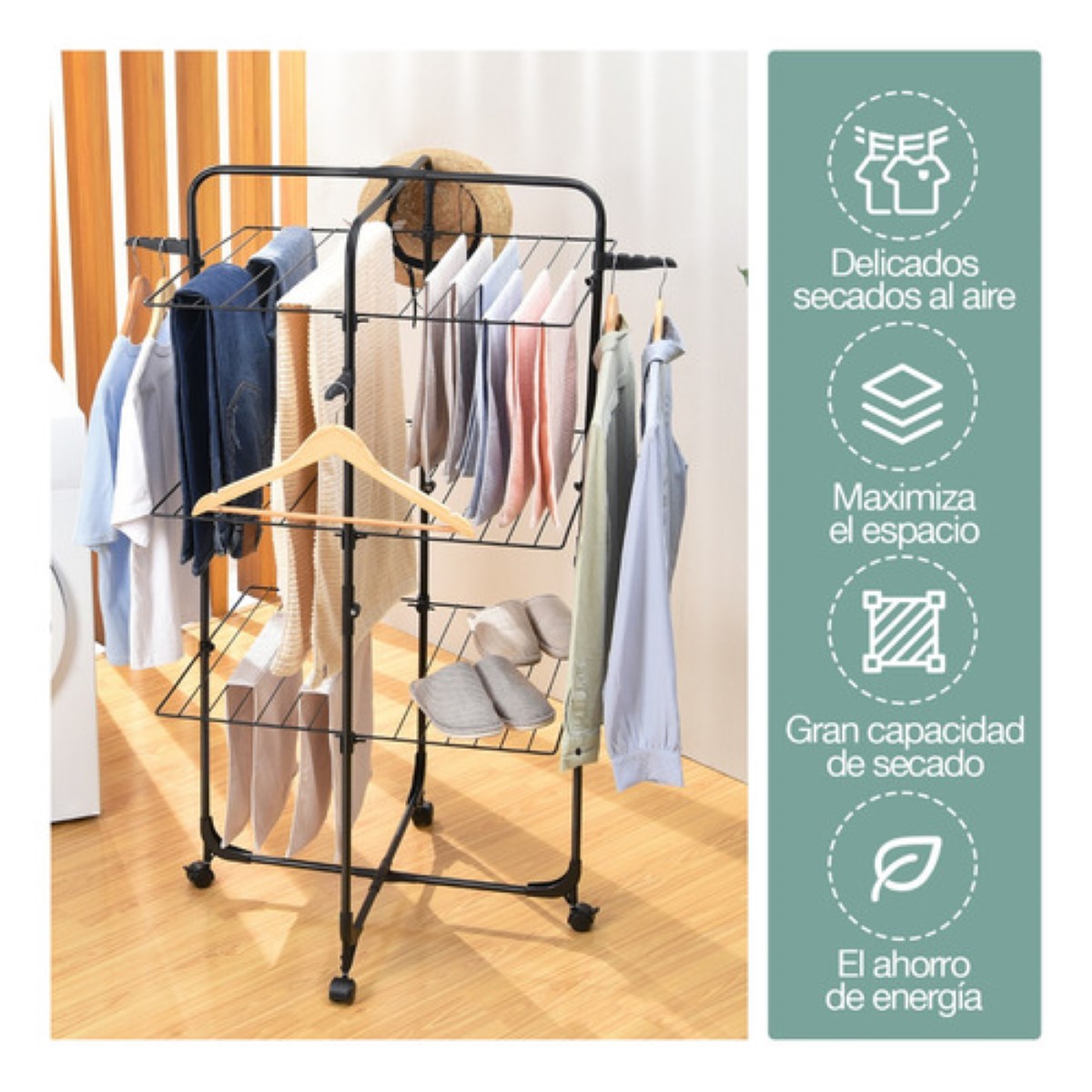 Tendedero Plegable Ropa 3 Niveles Portátil Metal Con Ruedas negro