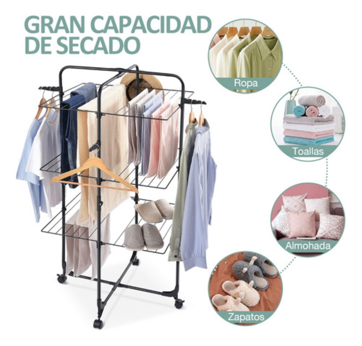 Tendedero Plegable Ropa 3 Niveles Portátil Metal Con Ruedas negro