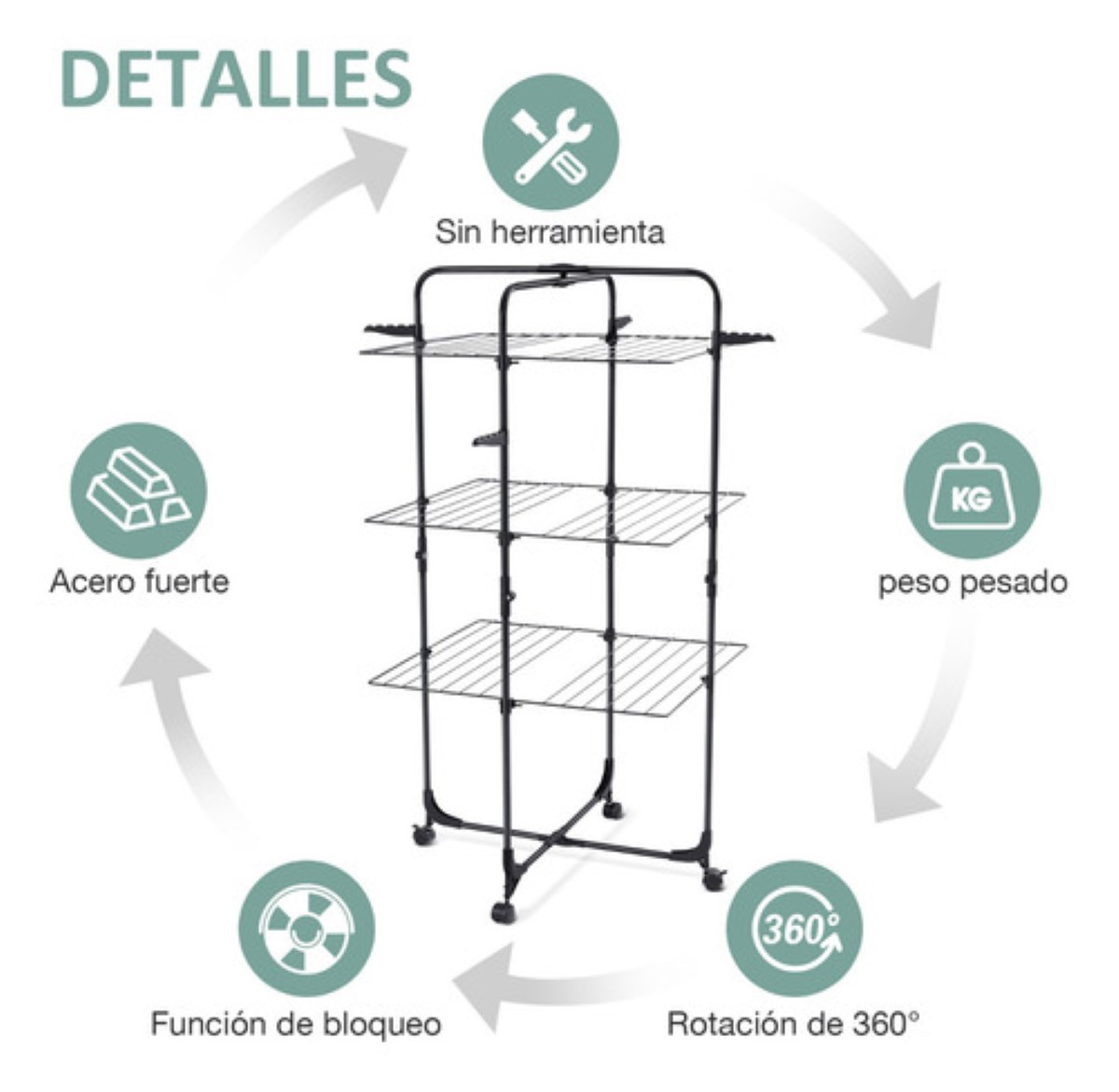 Tendedero Plegable Ropa 3 Niveles Portátil Metal Con Ruedas negro