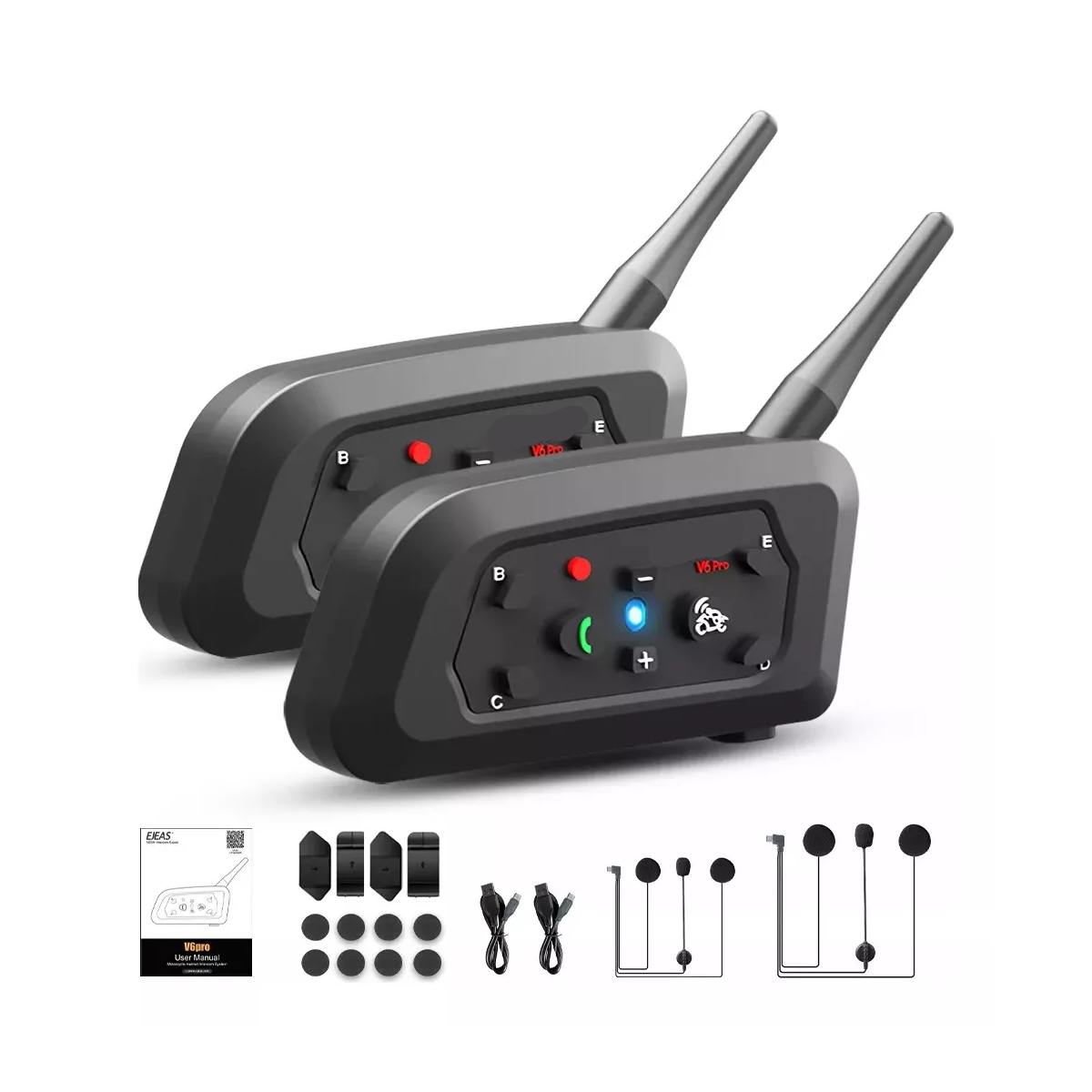 Par De Intercomunicadores Para Cascos De Moto Ejeas V6 Pro Con Bluetooth Negro