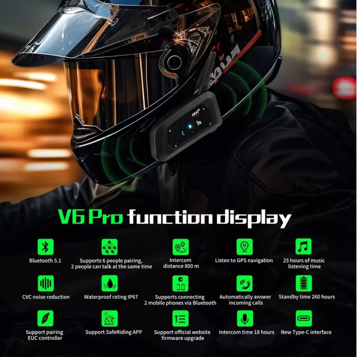 Par De Intercomunicadores Para Cascos De Moto Ejeas V6 Pro Con Bluetooth Negro