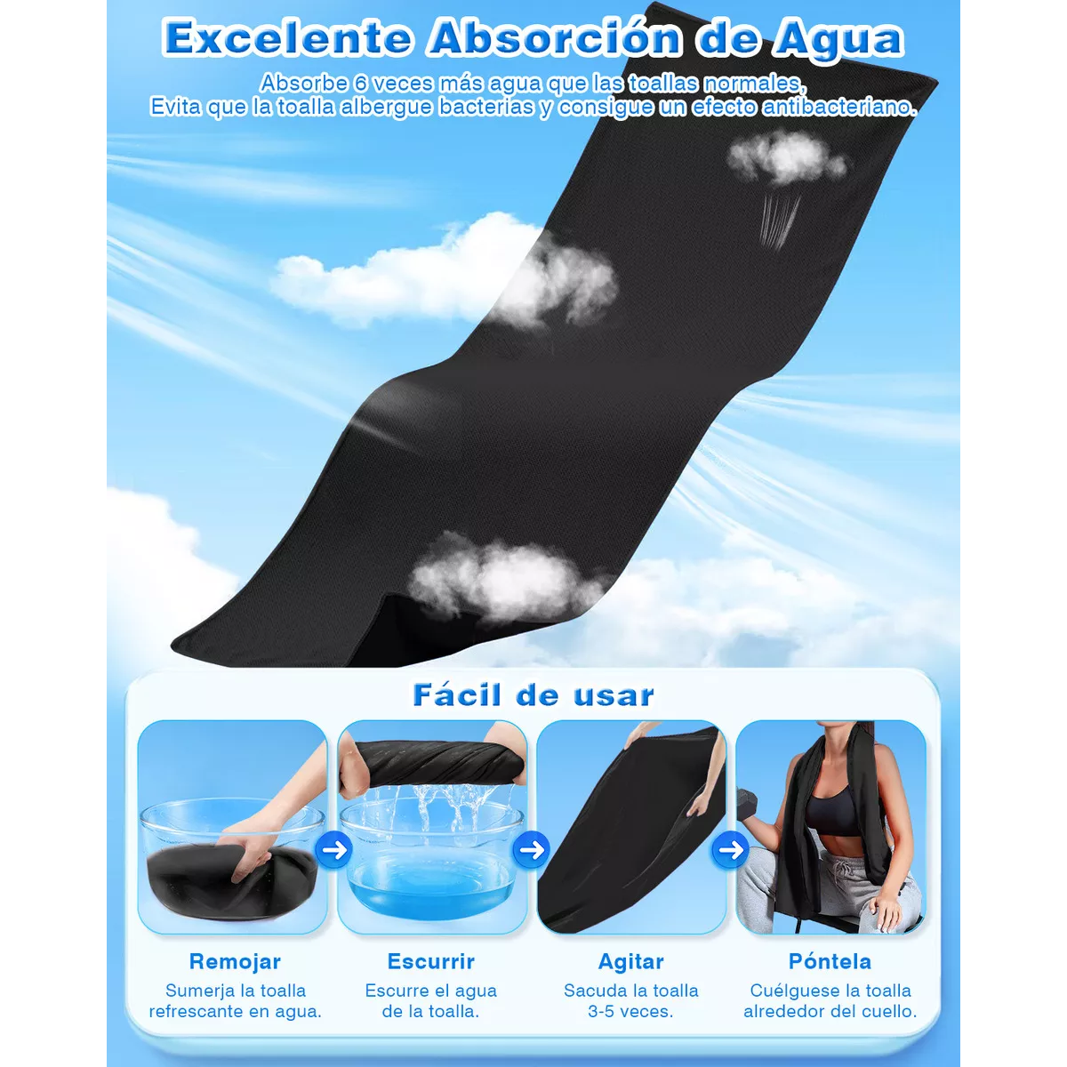 Toalla Microfibra Secado Rápido Baño Natación Gym Playa Deportiva  3pzs Negro