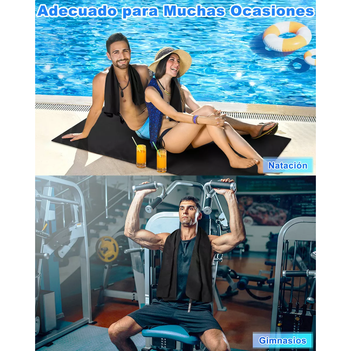 Toalla Microfibra Secado Rápido Baño Natación Gym Playa Deportiva  3pzs Negro