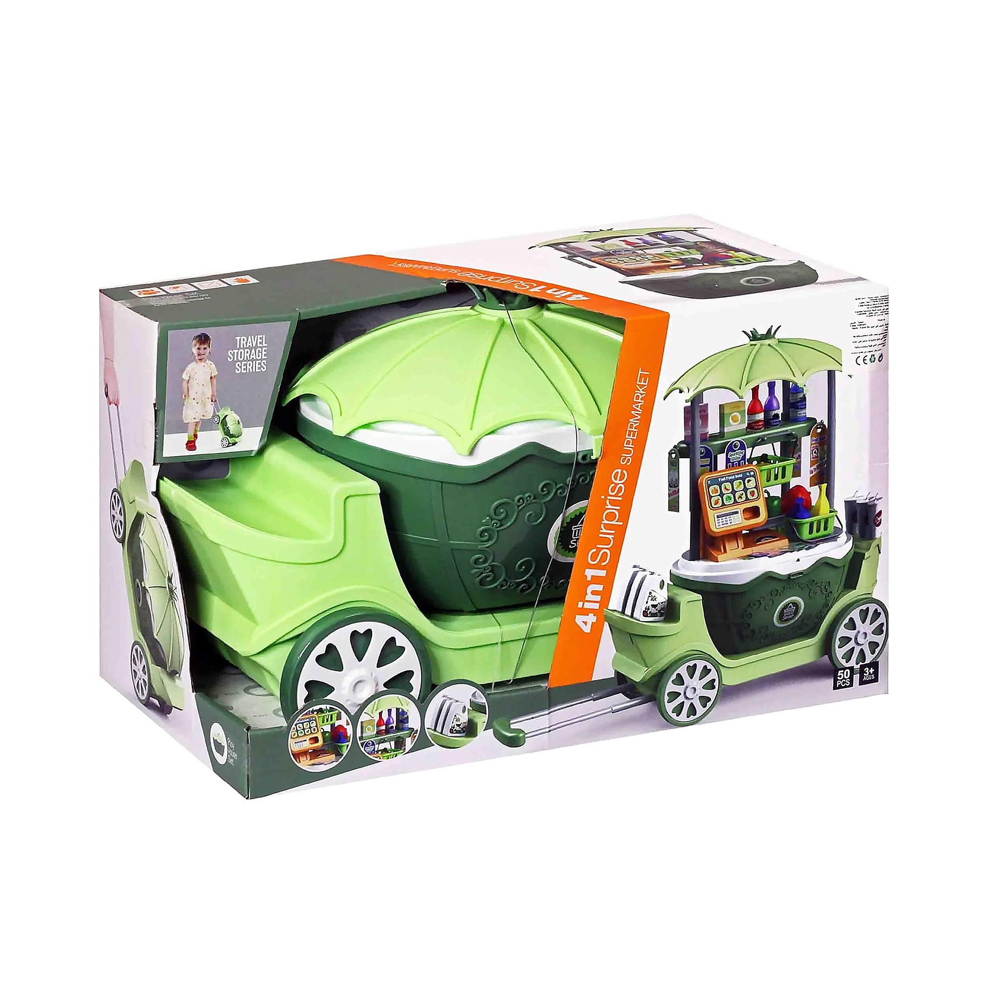  Juego de supermercado para niños, 50 juguetes de simulación de carrito de tienda, 4 en 1 con ruedas para niños pequeños, juguete portátil con caja registradora