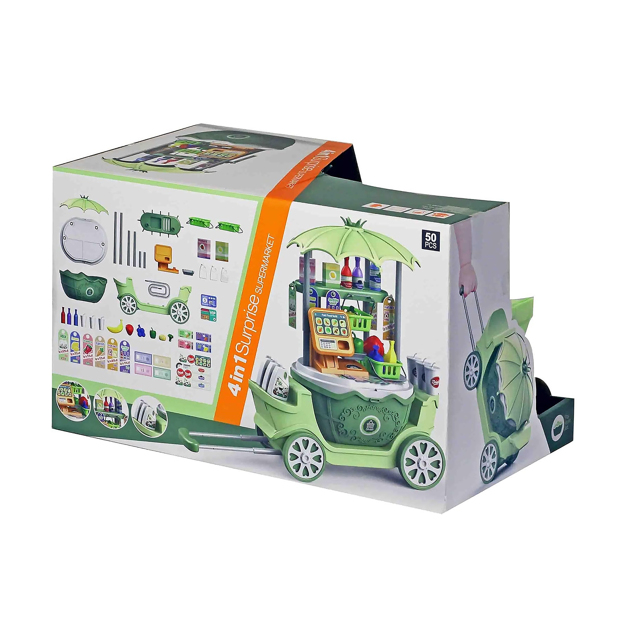  Juego de supermercado para niños, 50 juguetes de simulación de carrito de tienda, 4 en 1 con ruedas para niños pequeños, juguete portátil con caja registradora