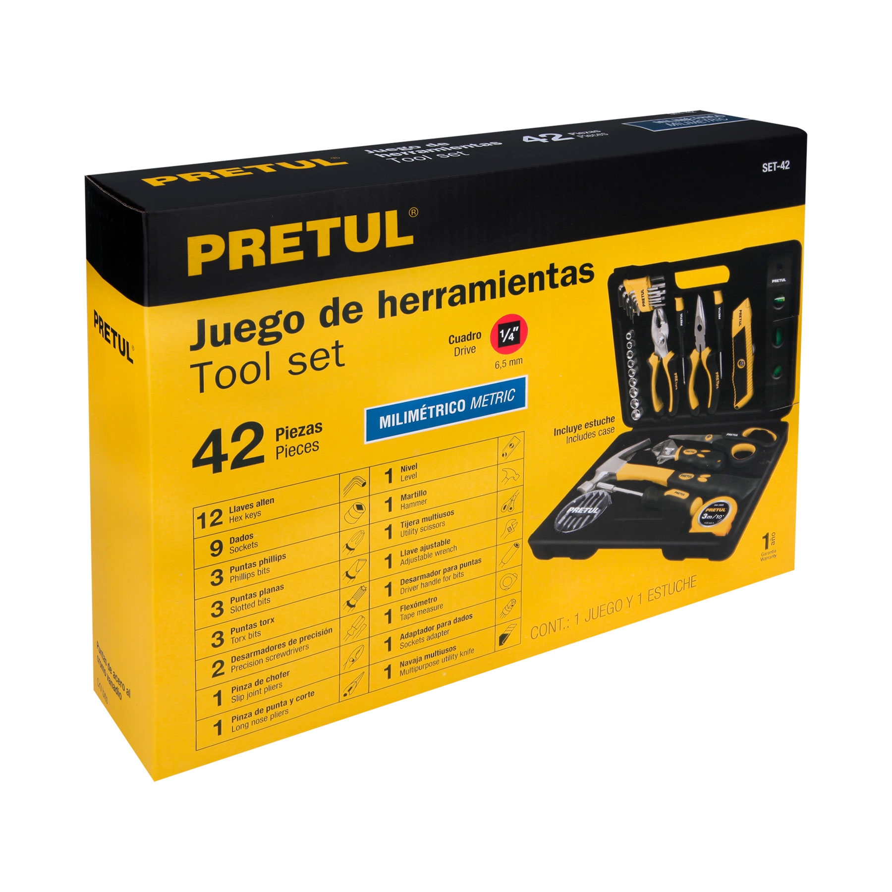Juego de Herramientas Autocle Mecanico de 42 Pzas Hogar Set de Dados Puntas llaves Allen Martillo Flexometro Metro  Pretul