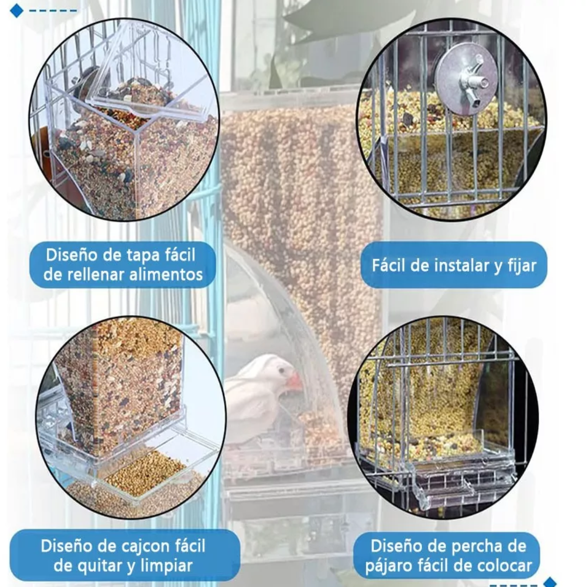 Comedero Automático Para Jaulas De Pájaros Acrílica 600g